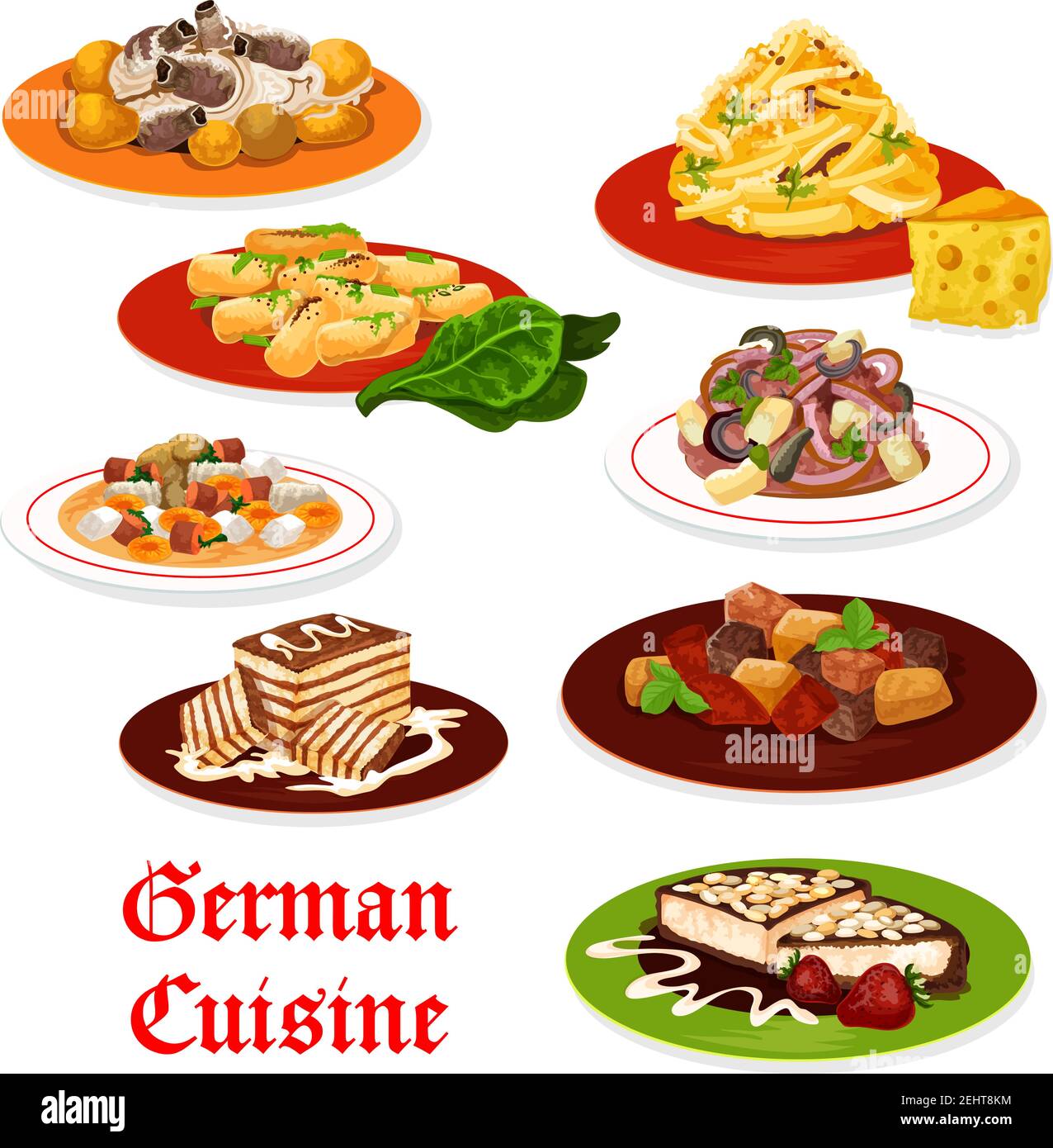 Cuisine allemande plats de viande et de légumes. Salades avec saucisse, fromage et pomme de terre, pomme et oignon, soupe à la bière, ragoût de porc à la choucroute, chocolat Illustration de Vecteur