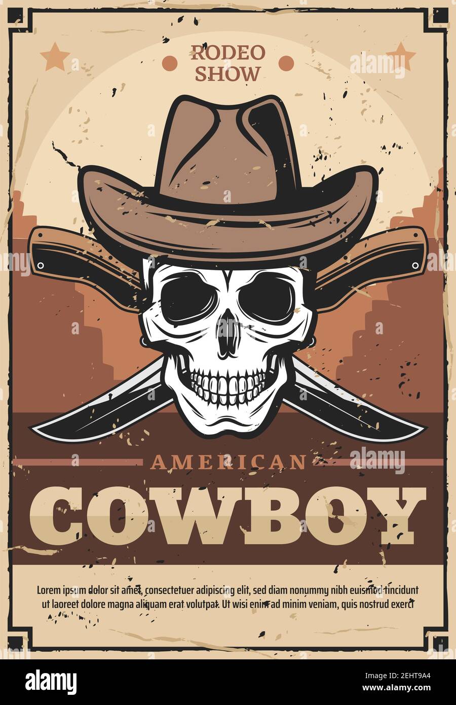 Motif vectoriel vintage américain de cow-boy sauvage de l'ouest. Crâne en chapeau de cuir avec couteaux croisés et paysage sauvage du désert de l'ouest sur fond. Spectacle de rodéo ou Illustration de Vecteur