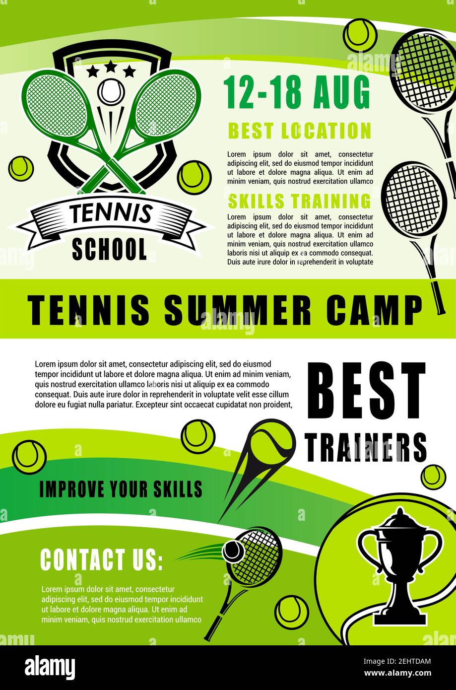 Affiche du camp d'été de tennis ou de l'école de sport d'entraînement.  Motif vectoriel de la ligue de tennis ou de l'écusson de l'équipe avec  raquettes, balle et étoiles pour la coupe
