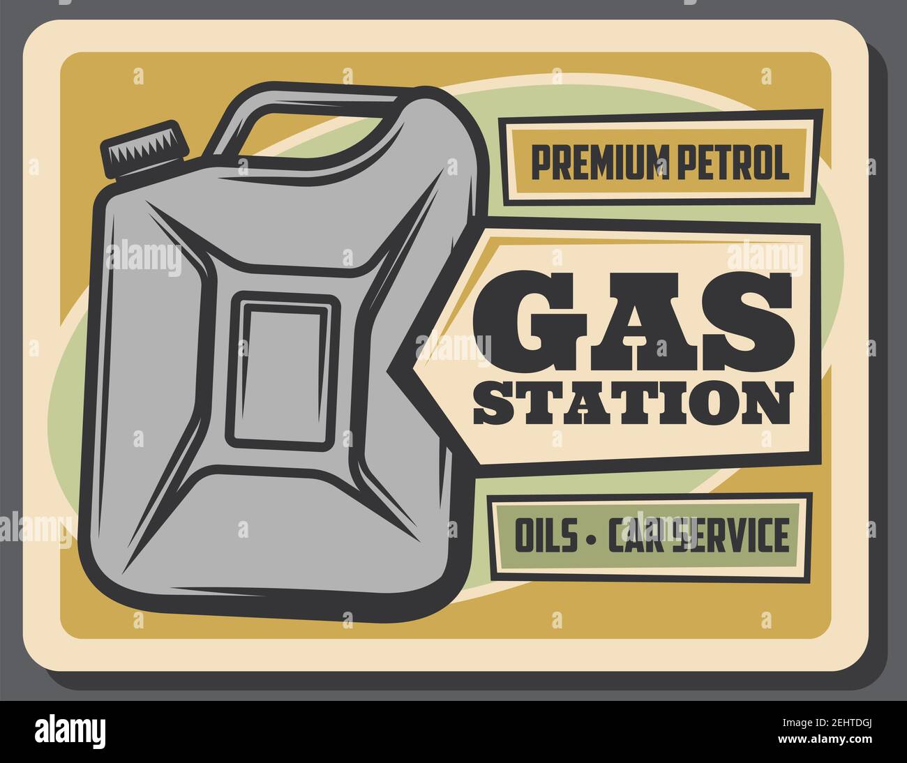 Affiche rétro de la station de remplissage de gaz. Service de voiture de mécanicien, changement d'huile moteur et garage de réparation. Vieux jerrycan d'essence ou d'essence, bannière de promotion vintage Illustration de Vecteur