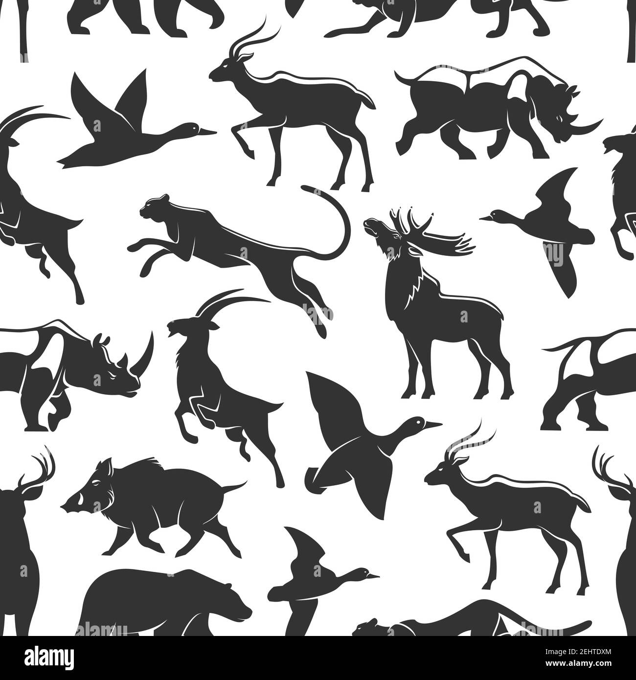 Animaux pour la chasse silhouettes sombres vector sans couture motif. Canard et cerf, rhinocéros et oies, puma et sanglier, ours et chèvre, wapiti. Mammifères sauvages et oiseaux Illustration de Vecteur