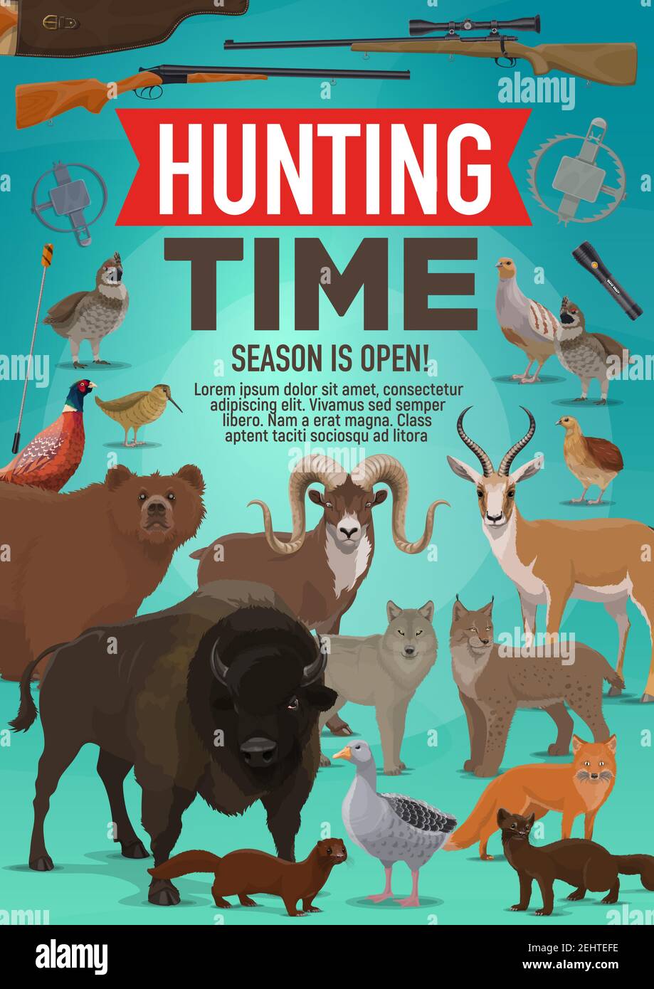 Partez à la chasse de l'affiche de saison ouverte d'animaux sauvages et d'oiseaux forestiers pour une aventure de safari en Afrique. Dessin vectoriel de fusil de chasse pour buffle, mouflon de montagne o Illustration de Vecteur