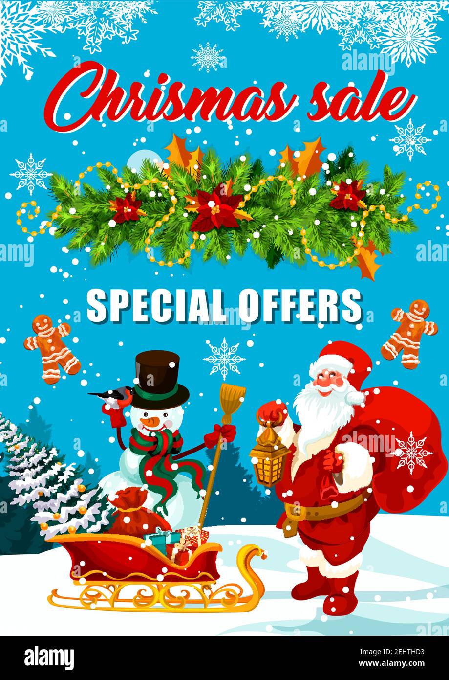 Bannière de l'offre spéciale de Noël pour les vacances d'hiver, promotion saisonnière à prix réduit. Père Noël et bonhomme de neige avec cadeau, traîneau et arbre de Noël, garla du nouvel an Illustration de Vecteur
