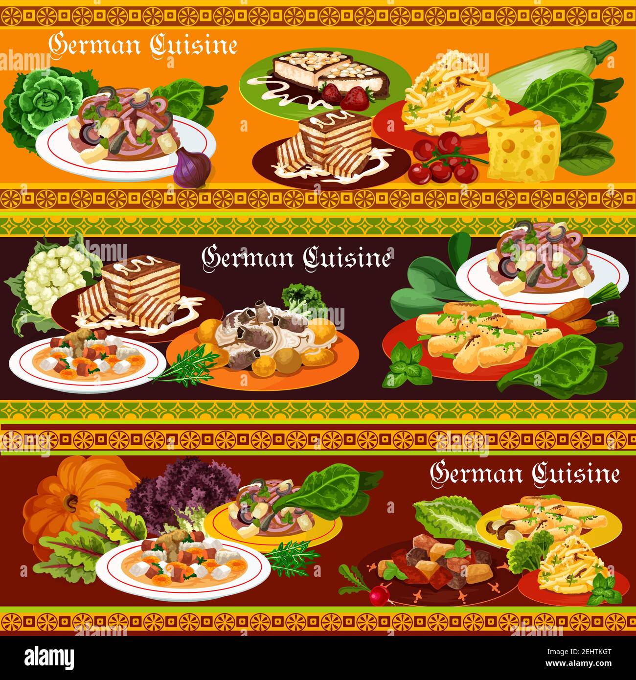 Cuisine allemande avec viande et légumes, Vector. Salades de pommes de terre et de saucisses avec fromage et pommes, soupe à la bière, côtes de porc avec choucroute et pep Illustration de Vecteur