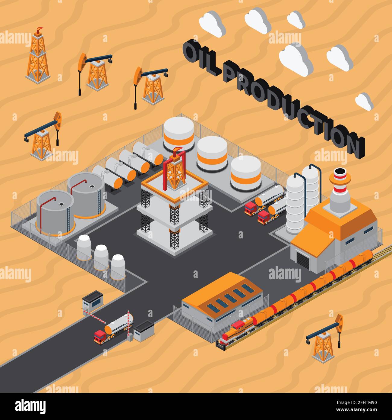 Production de pétrole composition isométrique avec des bâtiments industriels, des derricks, des réservoirs pour le stockage, le transport sur fond désertique illustration vectorielle Illustration de Vecteur