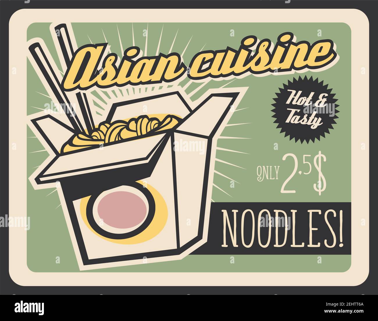 Affiche rétro de la cuisine asiatique. Panneau vectoriel vintage de boîte de nouilles chinoises avec baguettes et sauce épicée. Fastfood restaurant, bistrot ou c Illustration de Vecteur