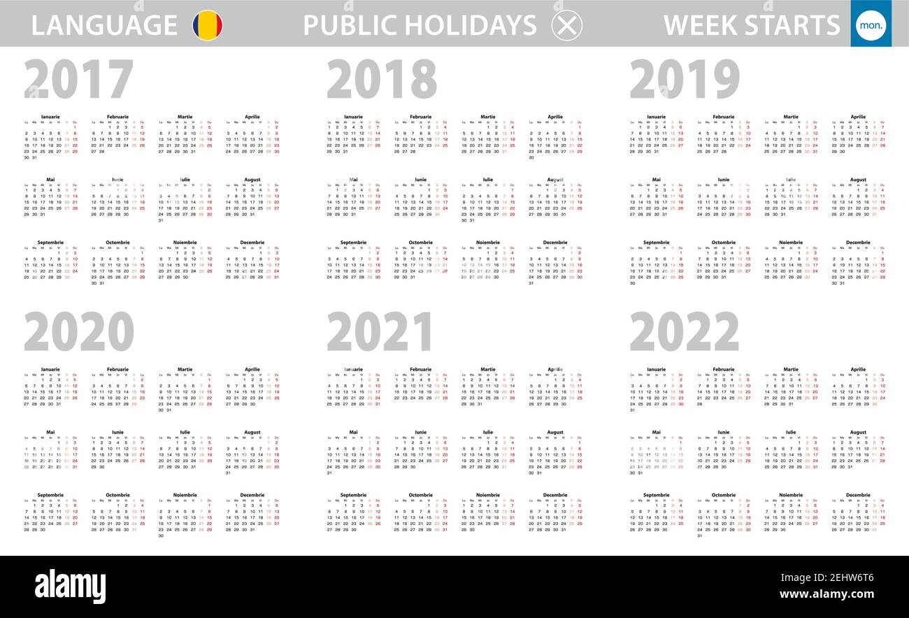 Calendrier en roumain pour les années 2017, 2018, 2019, 2020, 2021, 2022. La semaine commence à partir du lundi. Calendrier vectoriel. Illustration de Vecteur