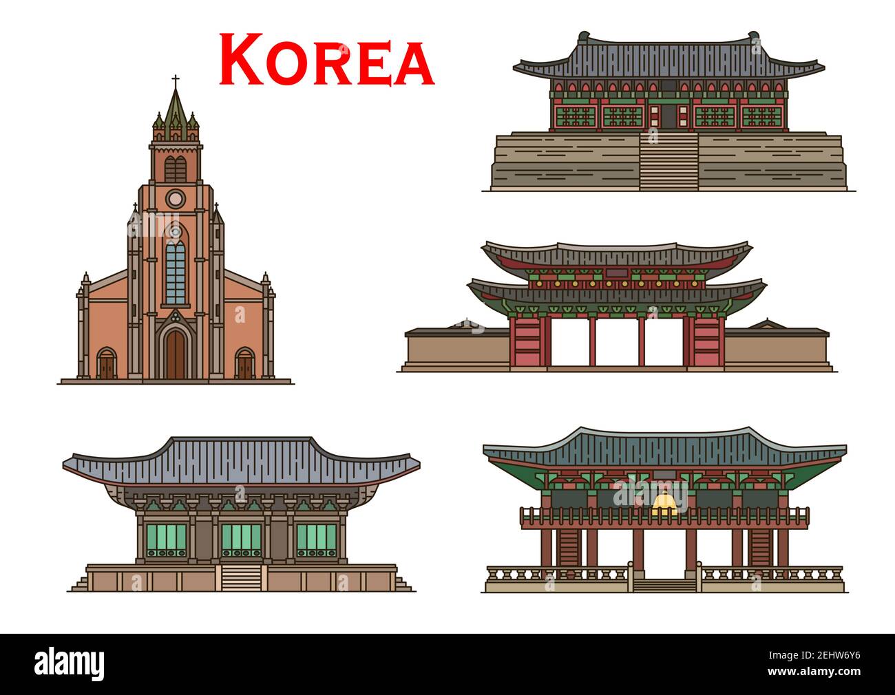 Les monuments de voyage coréens sont le vecteur des icônes de l'architecture asiatique ancienne. Cathédrale catholique romaine de Myeongdong, tour du clocher de Bosingak et temple de Bulguksa, Chan Illustration de Vecteur