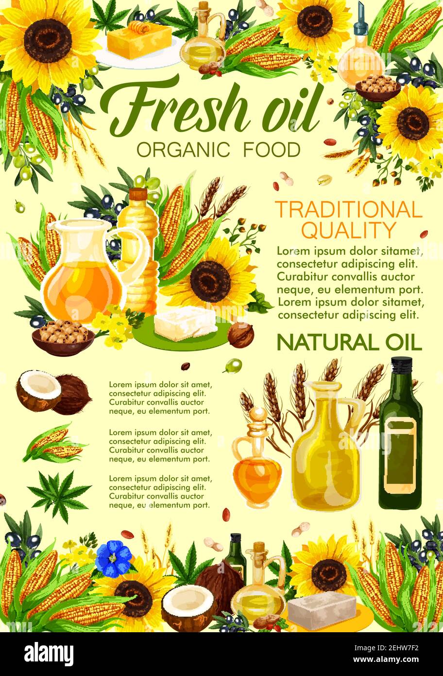 Huile végétale naturelle de tournesol, d'olive et de noix de coco, de maïs, de canola, de sésame et de lin, de soja, d'arachide et de noyer avec plantes et bouteilles fraîches. Illustration de Vecteur