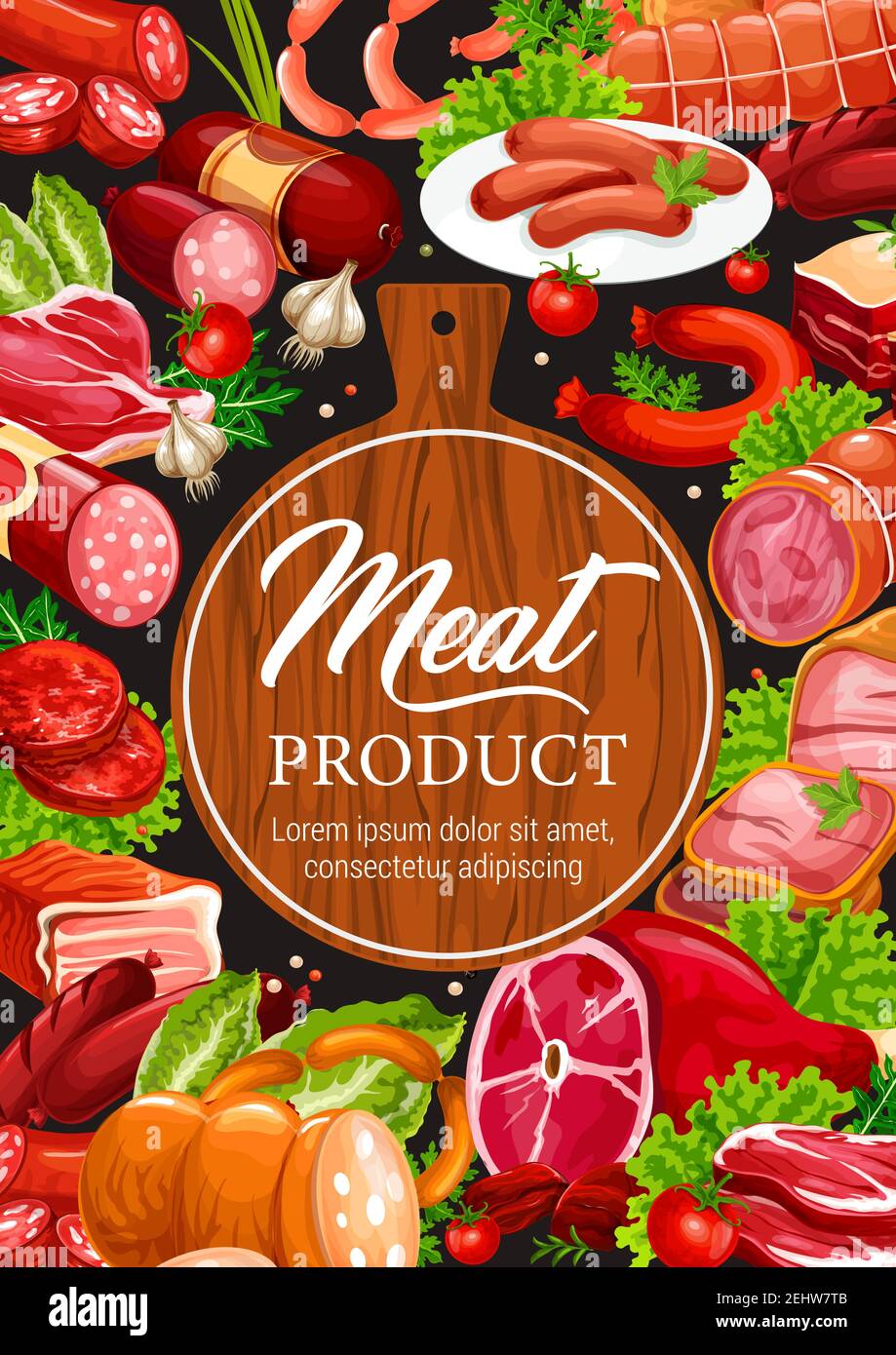 Charcuterie et saucisses, boucherie ou épicerie. Jambon de bœuf vectoriel, wurst de curry ou cervelat et saucisse de pepperoni au bacon de porc ou au bisket a Illustration de Vecteur