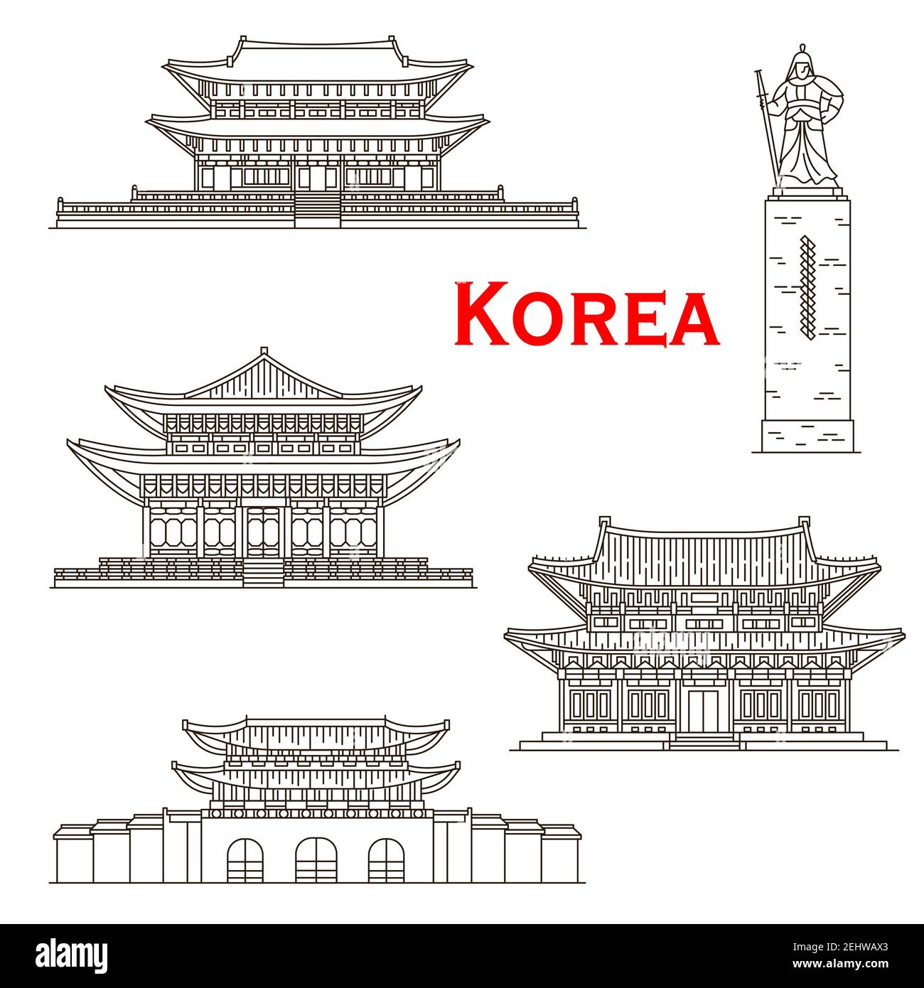 Monuments coréens de voyage des icônes linéaires vectorielles de Séoul. Statue de l'amiral Yi Sun-Shin, mur de la forteresse porte Janganmun, Gyeongbokgung, Toksugun et Changde Illustration de Vecteur