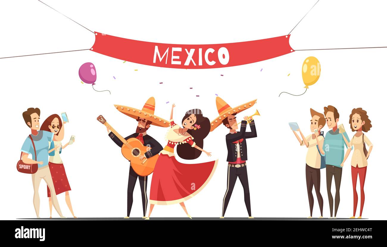 Concept traditionnel de festival du mexique avec musiciens en costumes indigènes et le public avec l'illustration vectorielle plate de la caméra Illustration de Vecteur