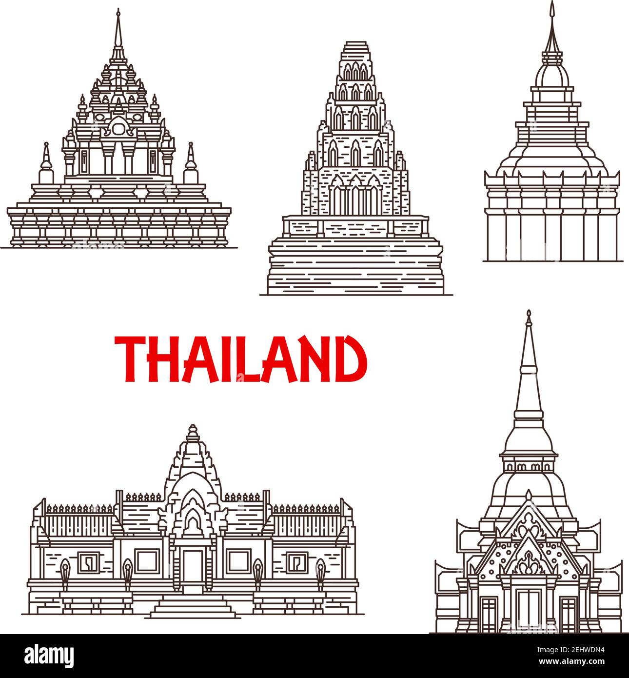 Temples bouddhistes célèbres en Thaïlande. Vector Wat Phra Borommathat in Ayutthaya, Prasat Phanom Rung in Buriram, Chama Thewi et Golden Pa Illustration de Vecteur