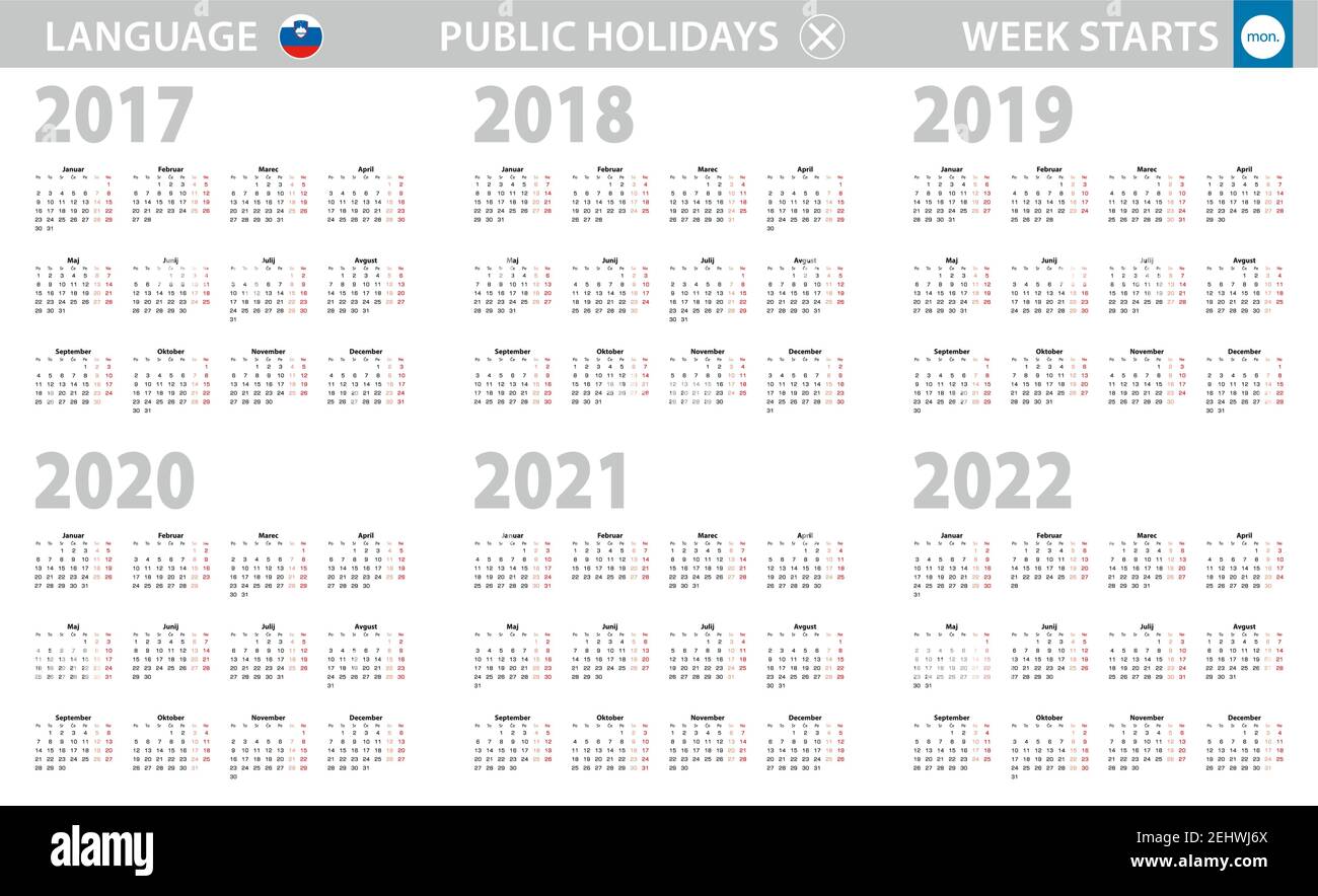 Calendrier en slovène pour les années 2017, 2018, 2019, 2020, 2021, 2022. La semaine commence à partir du lundi. Calendrier vectoriel. Illustration de Vecteur