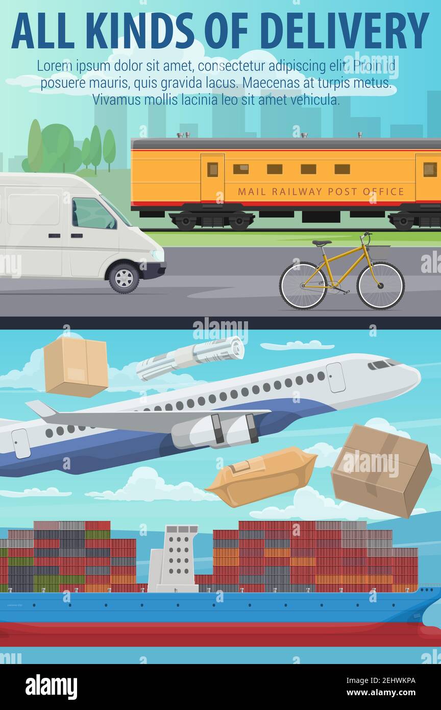 Bureau de livraison de courrier postal, logistique d'affranchissement. Vecteur avion et train, camion et navire, transport de vélos pour l'expédition de colis et de boîtes. CARGO et f Illustration de Vecteur