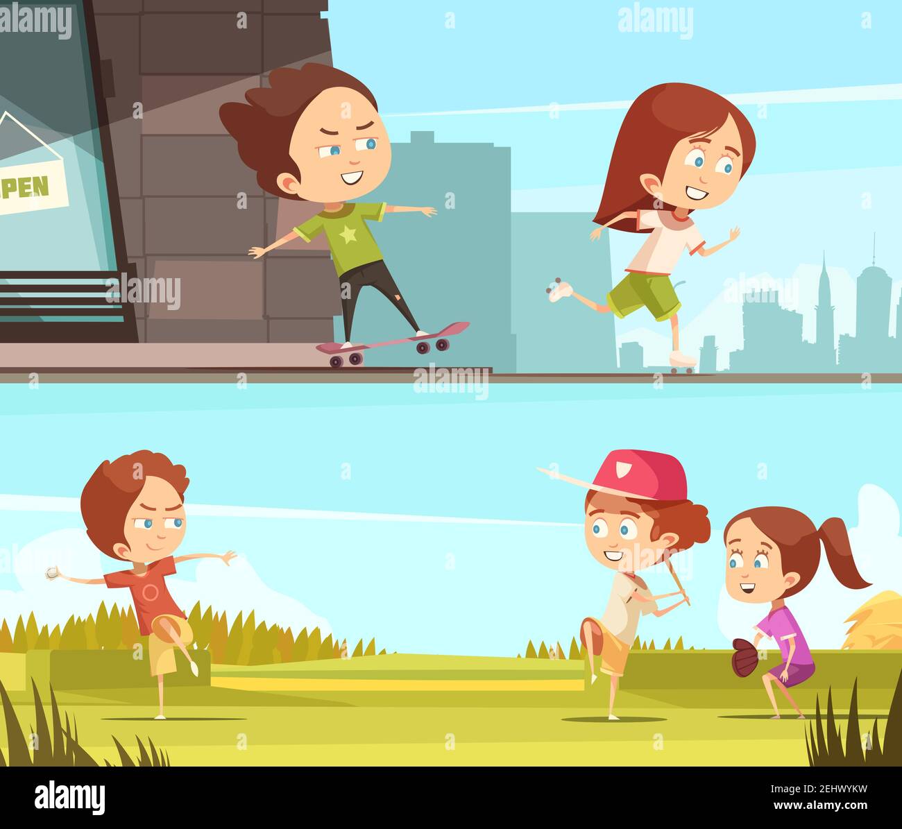 Les enfants font du sport à l'extérieur des bannières horizontales avec des enfants qui font du vélo skates et planches à roulettes dessin animé à l'écran plat Illustration de Vecteur