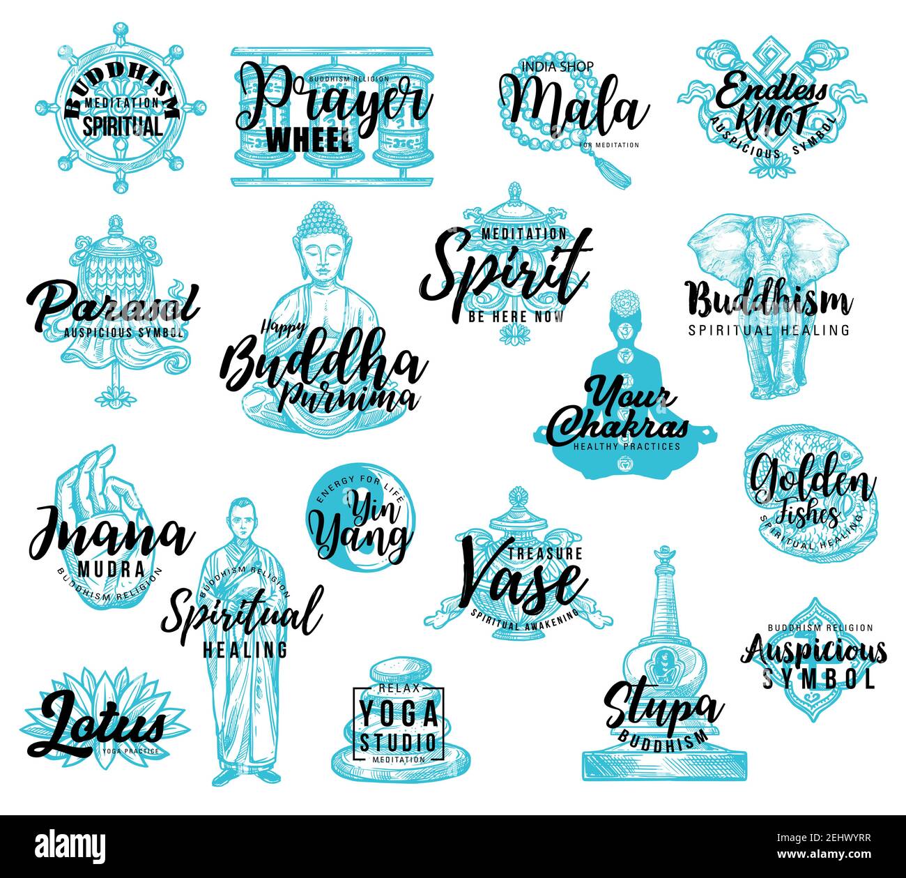 Bouddhisme méditation spirituelle icônes et signes, lettrage vectoriel. Roue de prière et symbole de nœud sans fin, parasol et Bouddha, dharma et moine, chakras an Illustration de Vecteur
