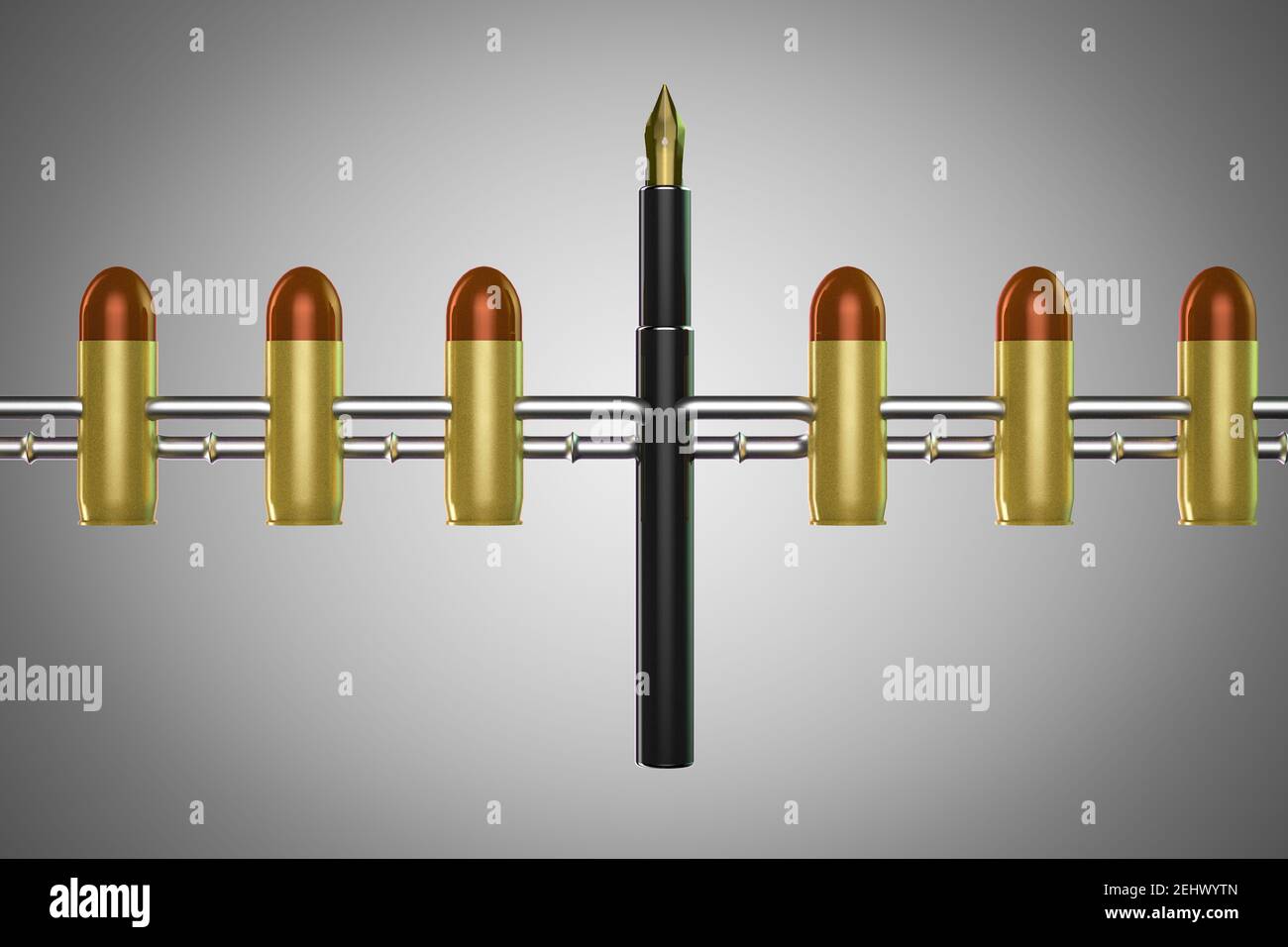 Stylo diplomatique et balles avec des chaînes démontrant la diplomatie et la guerre contre la paix ou signe un accord pacifique. illustration 3d Banque D'Images