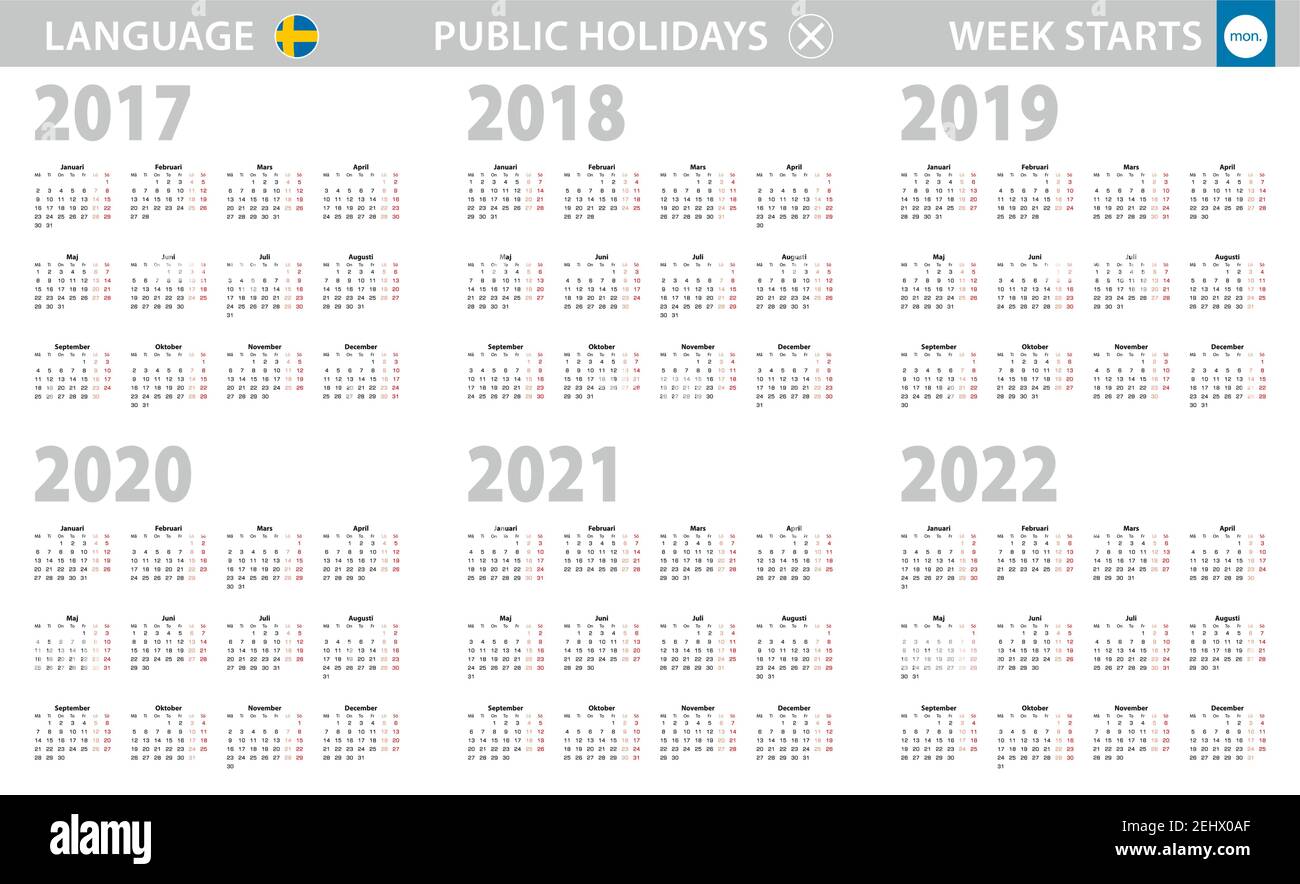 Calendrier en suédois pour les années 2017, 2018, 2019, 2020, 2021, 2022. La semaine commence à partir du lundi. Calendrier vectoriel. Illustration de Vecteur