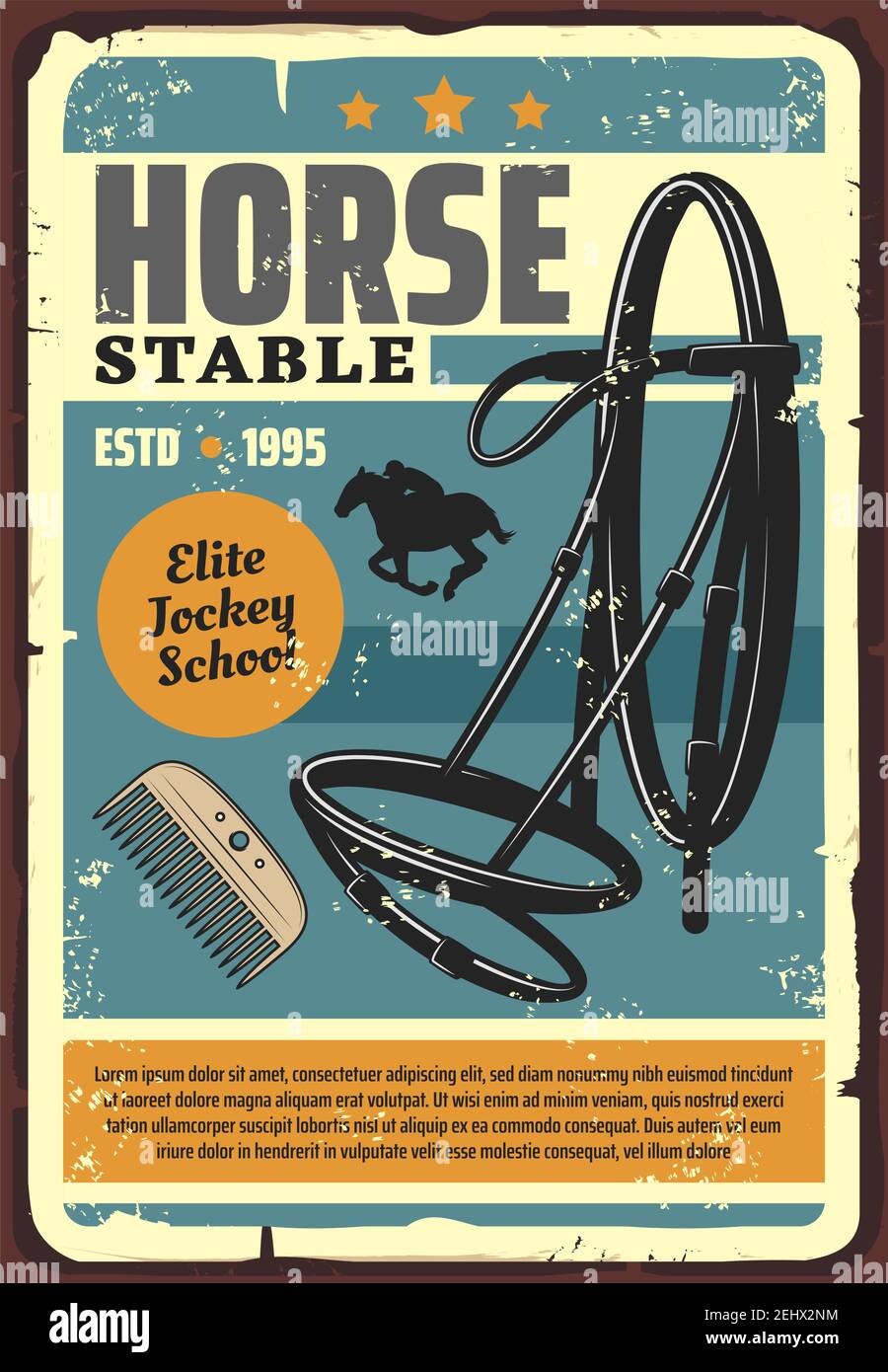 Affiche rétro de l'école de jockey de cheval pour l'entraînement d'élite ou l'écurie. Vector vintage grunge design de jockey Rider équipement équestre de peigne et Illustration de Vecteur
