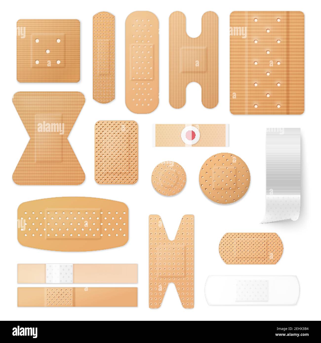 Plaques isolées et pansements adhésifs, traitement médical des lésions cutanées. Housse stérile antibactérienne Vector pour la surface corporelle douloureuse, ticky jetable Illustration de Vecteur