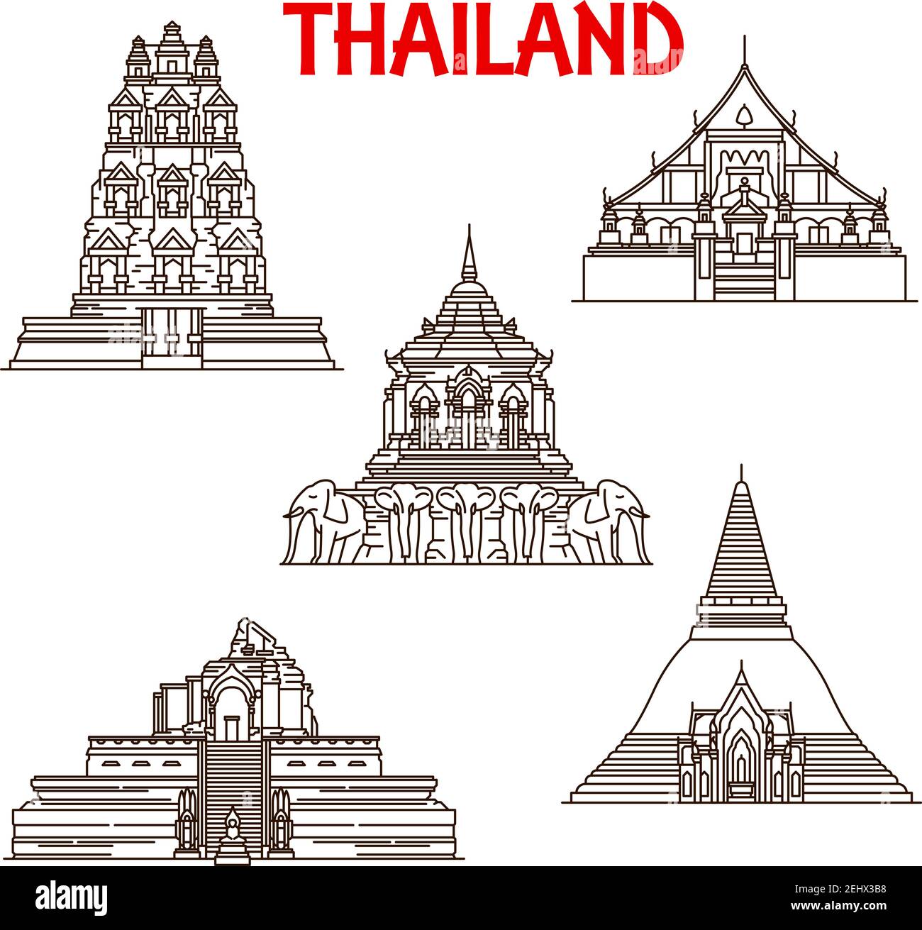 Thaïlande temples bouddhistes architecture symboles vectoriels. Façades minces de Wat Phra Singh, Chedi Luang ou Mun et Pathommachedi ou Pathom Chedi à Chia Illustration de Vecteur