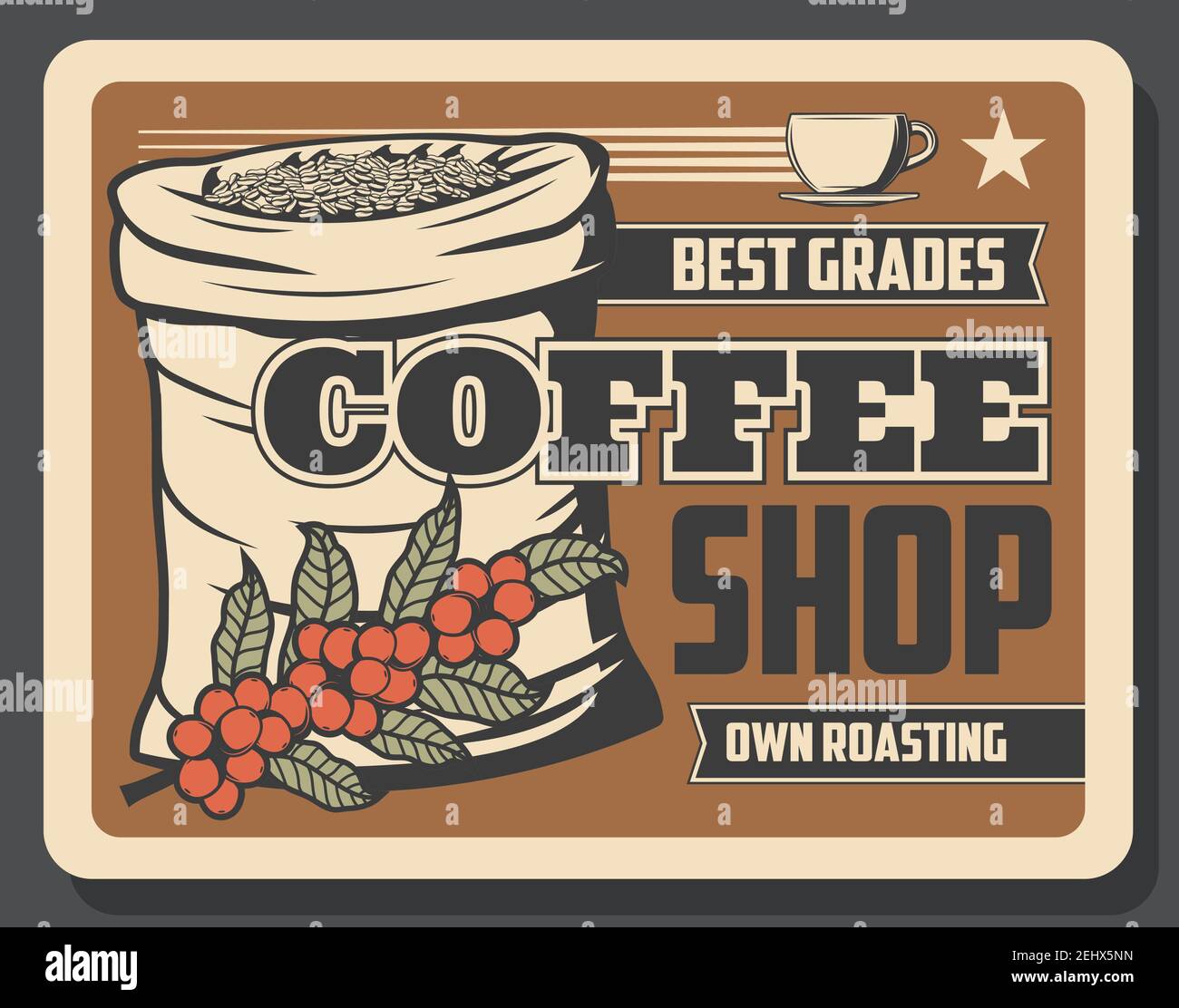 Bannière rétro avec sac plein de haricots et branche. Bar ou restaurant avec ses propres ingrédients pour préparer des boissons énergétiques chaudes. Café avec Illustration de Vecteur