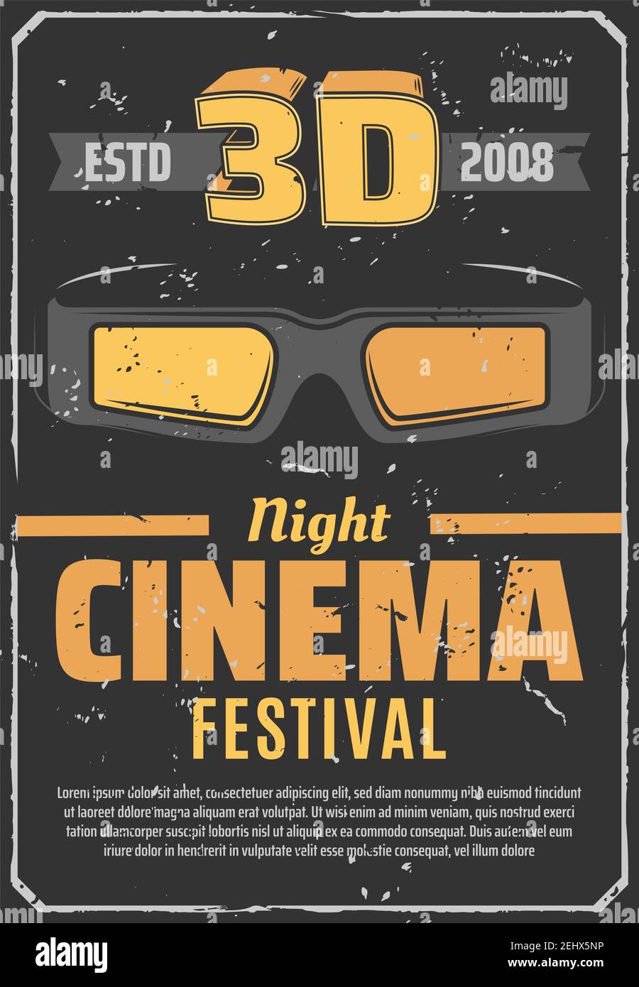 Festival de cinéma de films 3D première nuit rétro grunge ancienne affiche. Lunettes de film stéréoscopique Vector vintage design de la cinématographie ou de la salle de cinéma Illustration de Vecteur