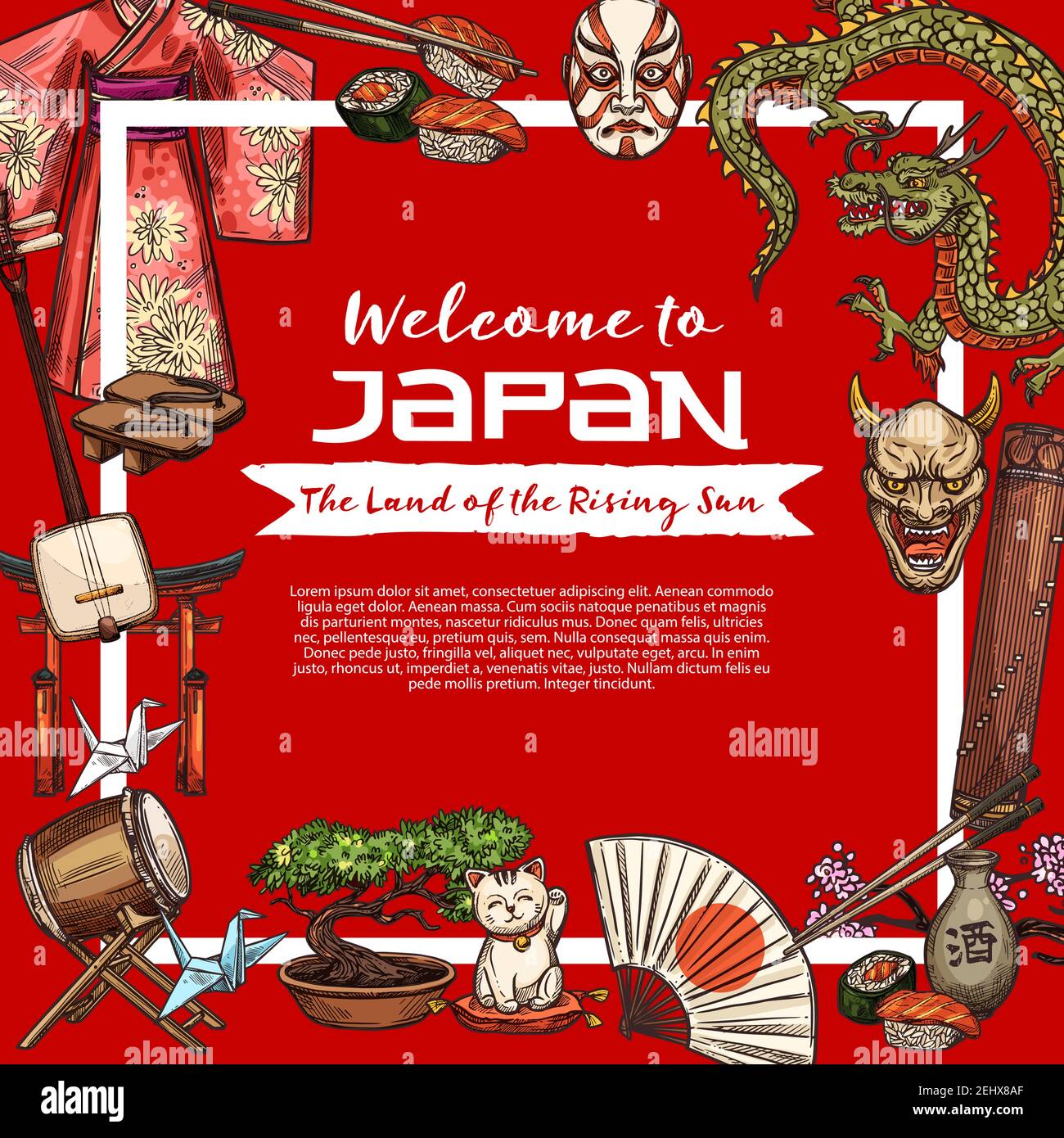 Bienvenue à l'affiche de voyage Japon. Kimono de soie vecteur de geisha, instrument de musique samisen et cygne d'origami, masques de théâtre et dragon, geta et torii ga Illustration de Vecteur
