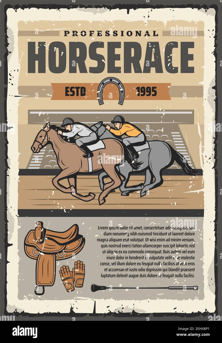 Affiche de vecteur rétro de course de chevaux, cavaliers et étalons en selle. Club de sport équestre ou événement, compétition. Design vintage, jockey avec bâton et g Illustration de Vecteur