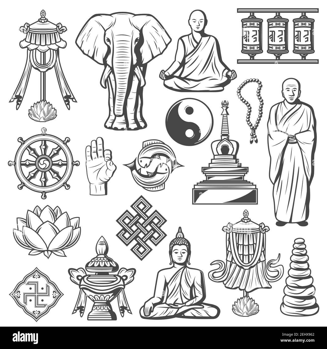 Bouddhisme religion icônes et signes isolés. Lotus et rosaire, éléphant, doigts montrant ok, Bouddha dans la posture de méditation. Swastika et moine, pierres et d Illustration de Vecteur