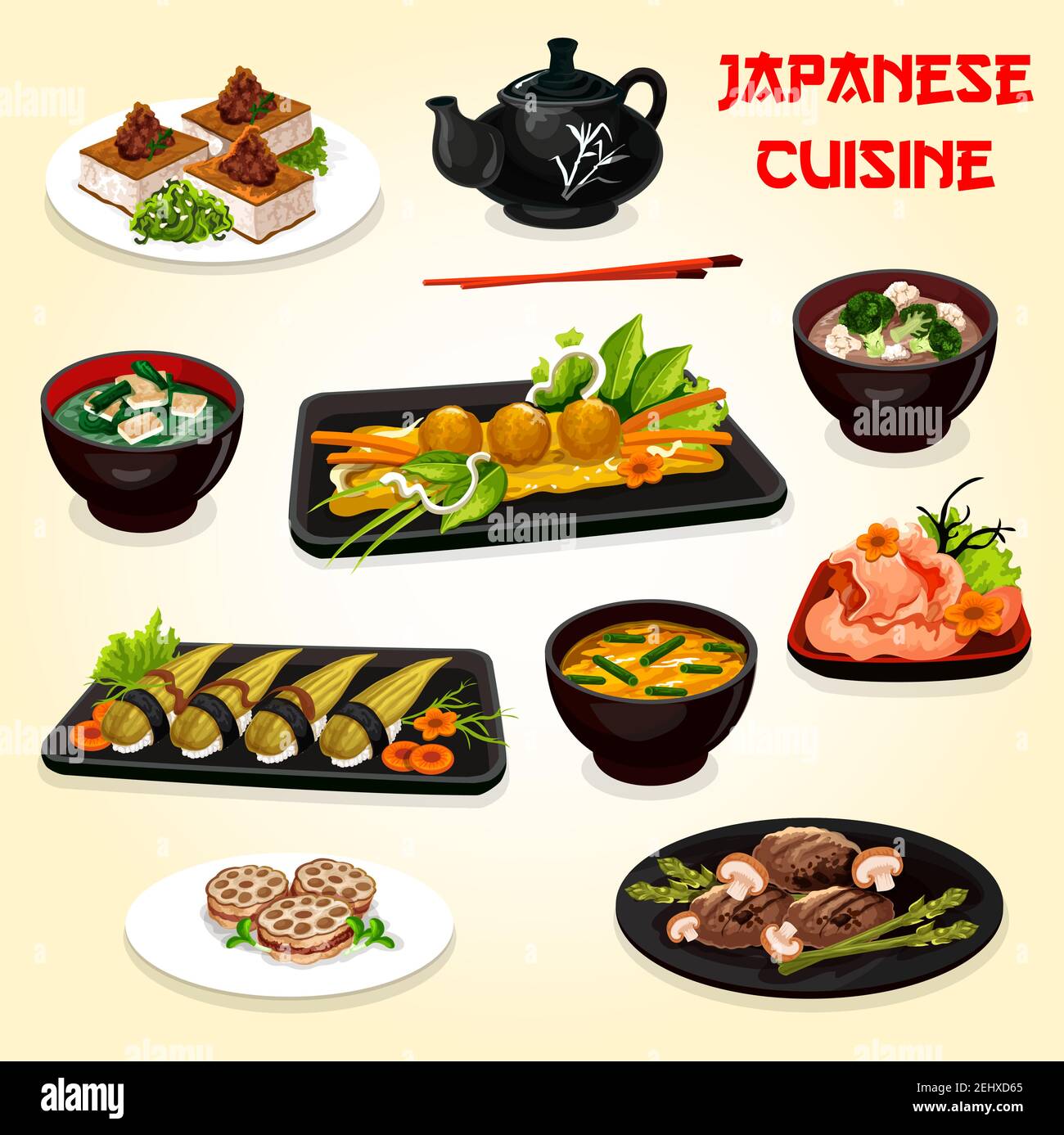 Plats vectoriels de cuisine japonaise et asiatique. Sushis nigiri, boulettes de porc et de poulpe avec légumes cuits au four, racine de lotus et viande, tofu frit et soupes miso wi Illustration de Vecteur