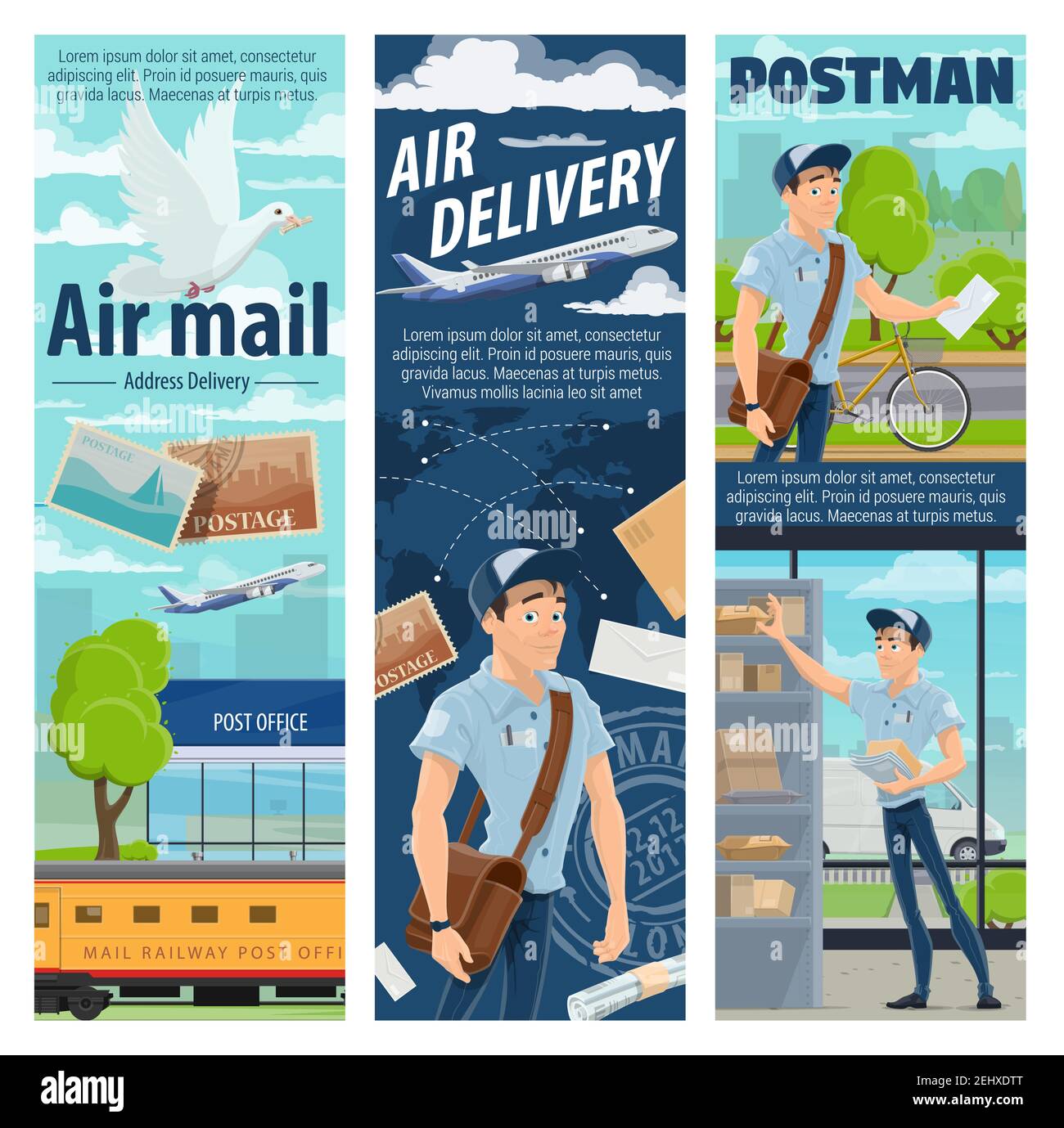 Livraison de courrier aérien et métier de mailman, logistique d'affranchissement. Vector fret avion et train fret expédition colis boîtes avec journal, magazines a Illustration de Vecteur