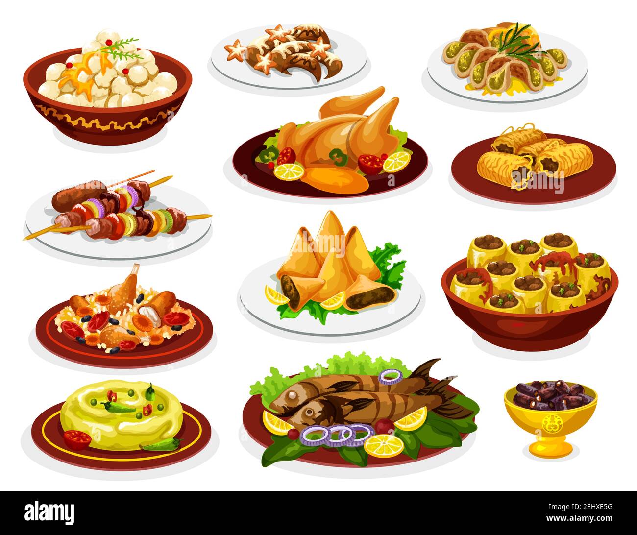 Repas de fête de l'iftar avec plats arabes au Ramadan. Poulet vecteur biryani, dattes et riz pilaf, croissant de lune biscuit, kebab et samosa, houmous, gr Illustration de Vecteur