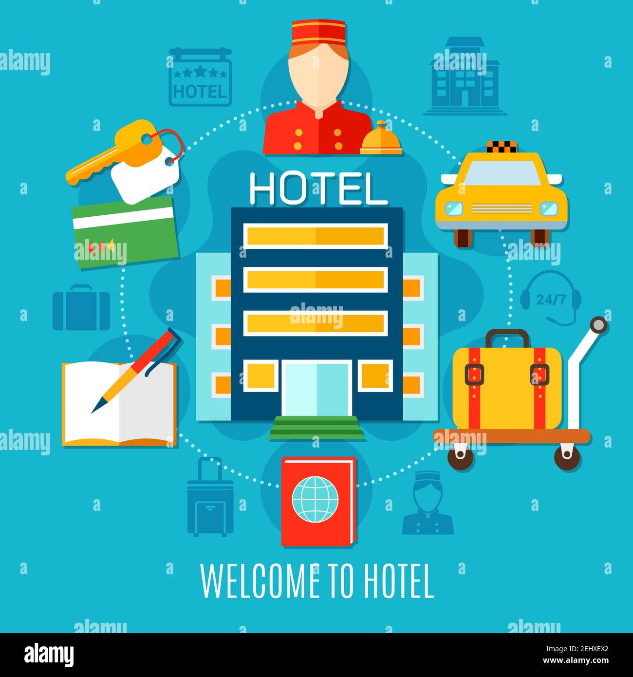 Bienvenue dans le concept de design de l'hôtel avec clés de chambre à figurine de chasseur chariot de taxi avec une valise plate icônes illustration vectorielle Illustration de Vecteur