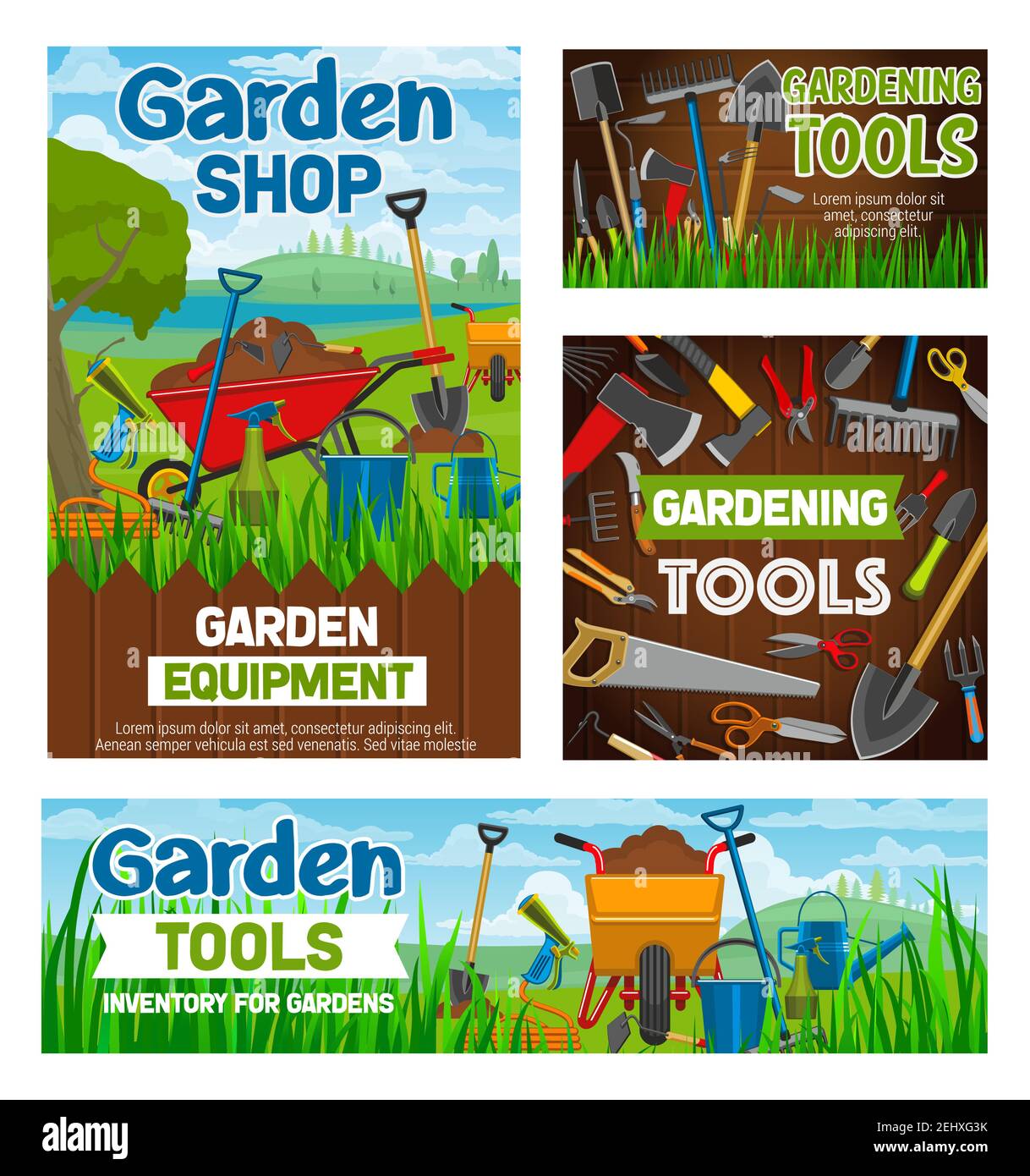 Atelier de jardinage et outils d'équipement agricole de jardinage. Bêche, râteau ou fourche et brouette, agronomie des jardiniers ou agriculture et plantation Illustration de Vecteur