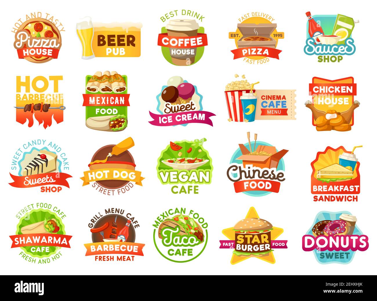 Symboles et signes vectoriels de restauration rapide. Pizza House et pub à bière, café et sauce, barbecue et cuisine mexicaine, crème glacée et café de cinéma, poulet an Illustration de Vecteur