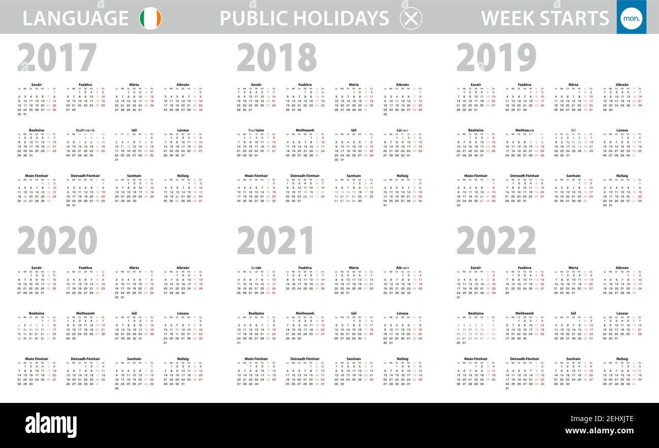 Calendrier en langue irlandaise pour les années 2017, 2018, 2019, 2020, 2021, 2022. La semaine commence à partir du lundi. Calendrier vectoriel. Illustration de Vecteur