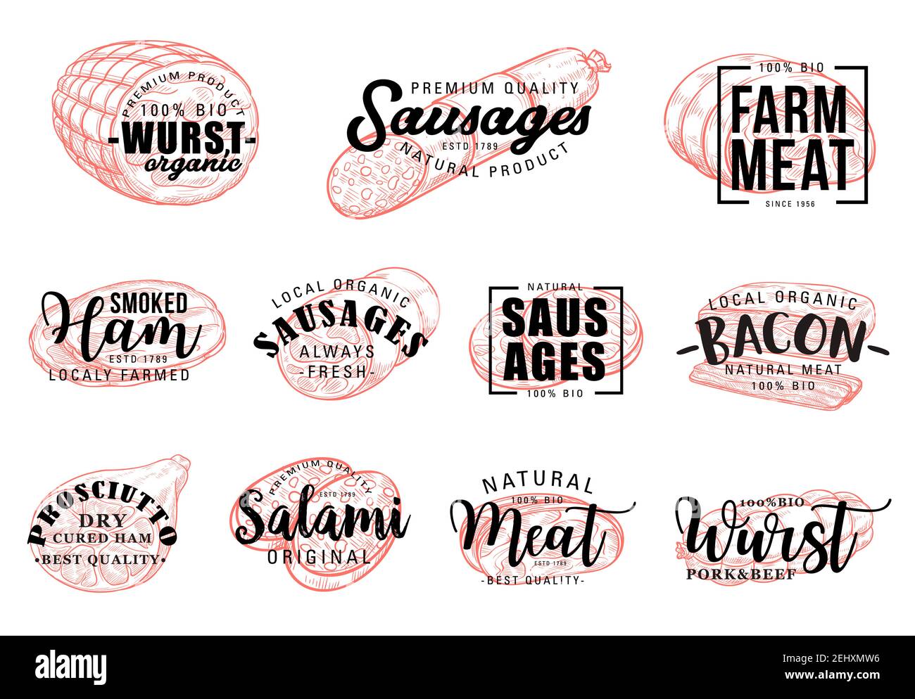 Magasin de viande et de boucher produits d'épicerie lettrage croquis. Vector calligraphie gastronomie gourmande viande, bacon de porc, jambon ou salami wurst sau Illustration de Vecteur