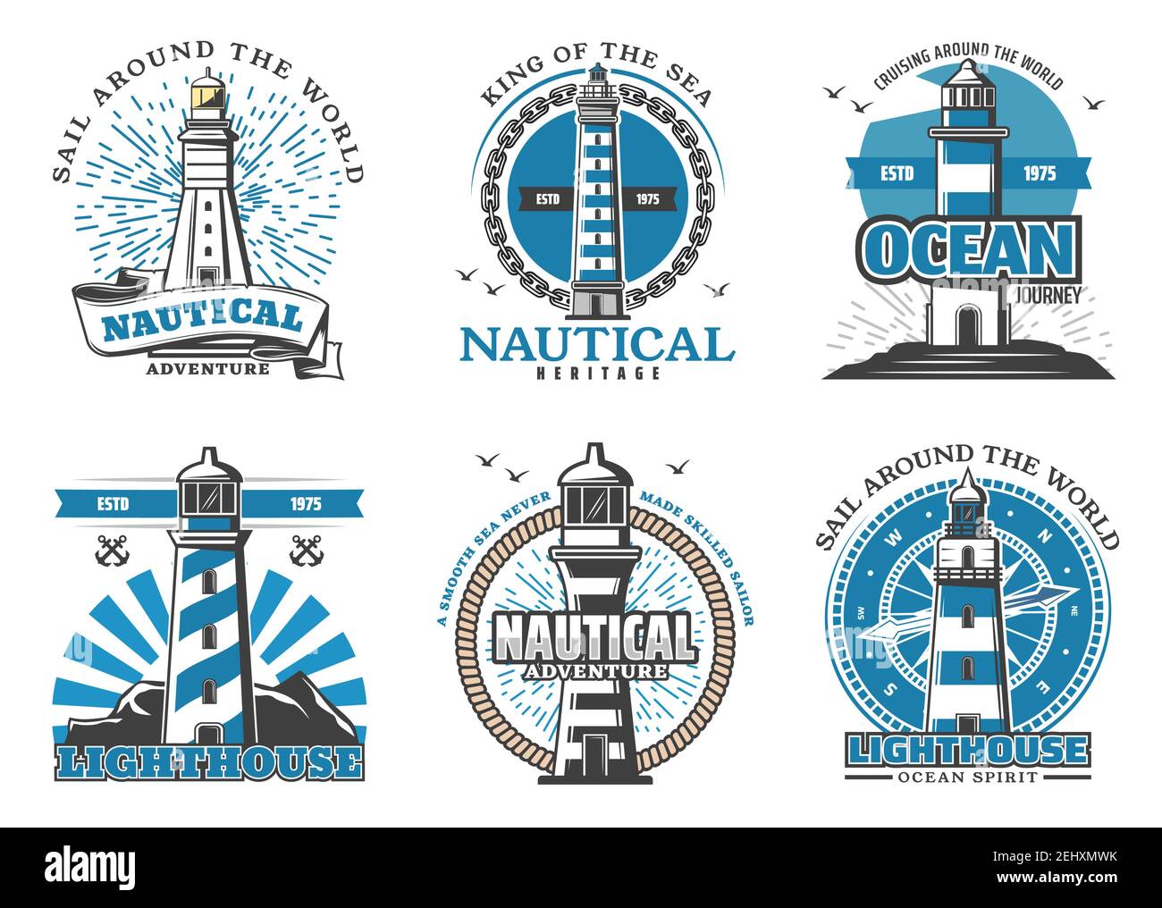 Navigation maritime et sécurité en mer icônes avec phares. Balise en forme de badge de tour rayé pour naviguer dans le monde entier. Navigation nautique et adve Illustration de Vecteur
