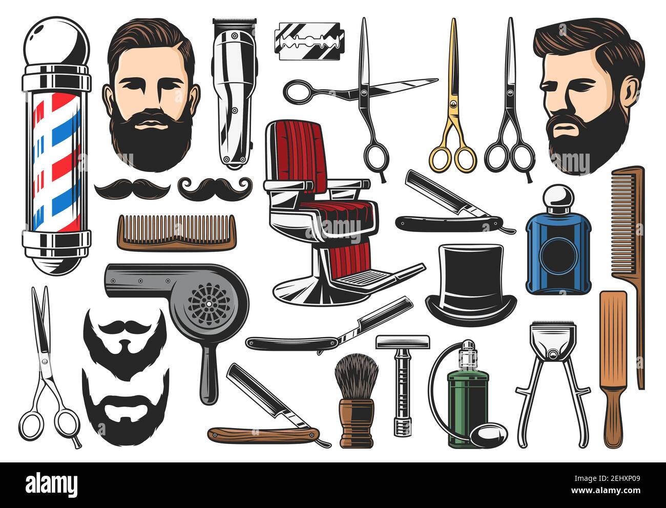 Outils de coiffeur, matériel de barbershop et de coiffeur, rasage et coupe  de cheveux pour la barbe ou la moustache. Chaise de salon de coiffure  Vector, signalisation sur poteau, ciseaux et rasage