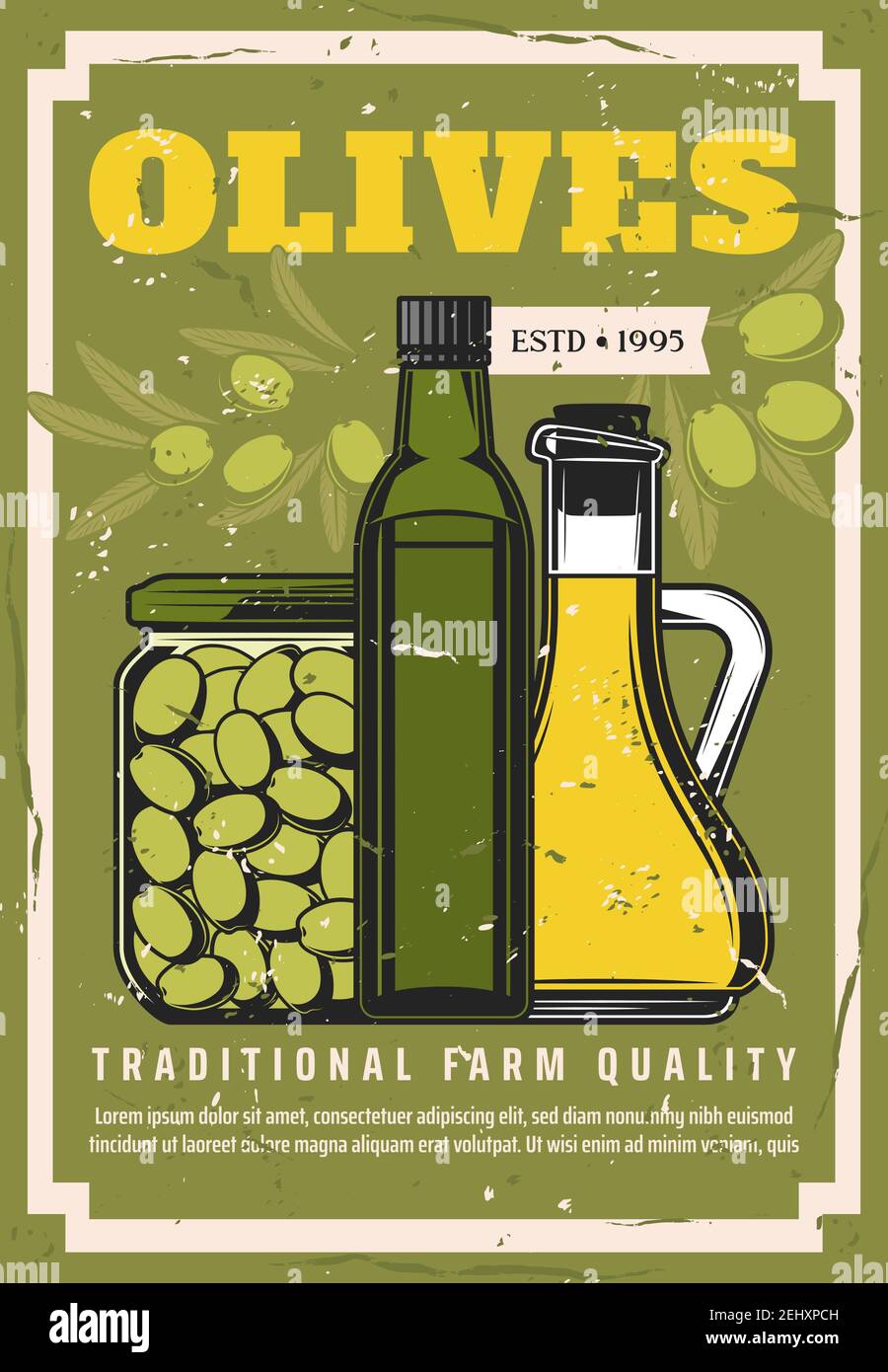 Huile d'olive en bouteilles et olives conservées en bocal. Assaisonnement vectoriel, condiment de cuisson extra vierge, produit de ferme biologique naturel scellé dans un récipient. Illustration de Vecteur