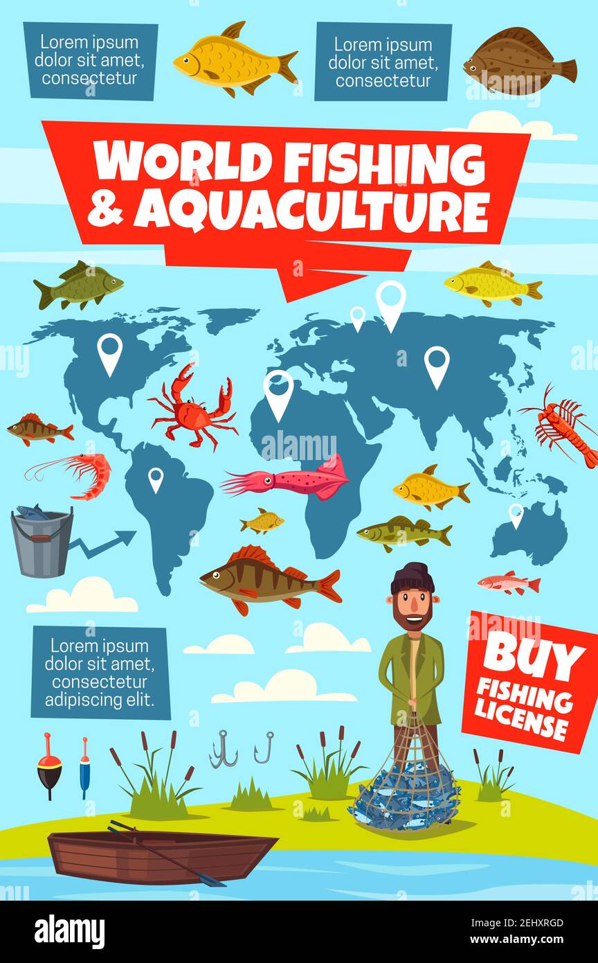 Infographies vectorielles de la pêche et de l'aquaculture dans le monde. Carte des pêches avec indicateurs de stocks de poissons, pêcheur avec filet, prises de poissons, bateau de pêche et équipement Illustration de Vecteur