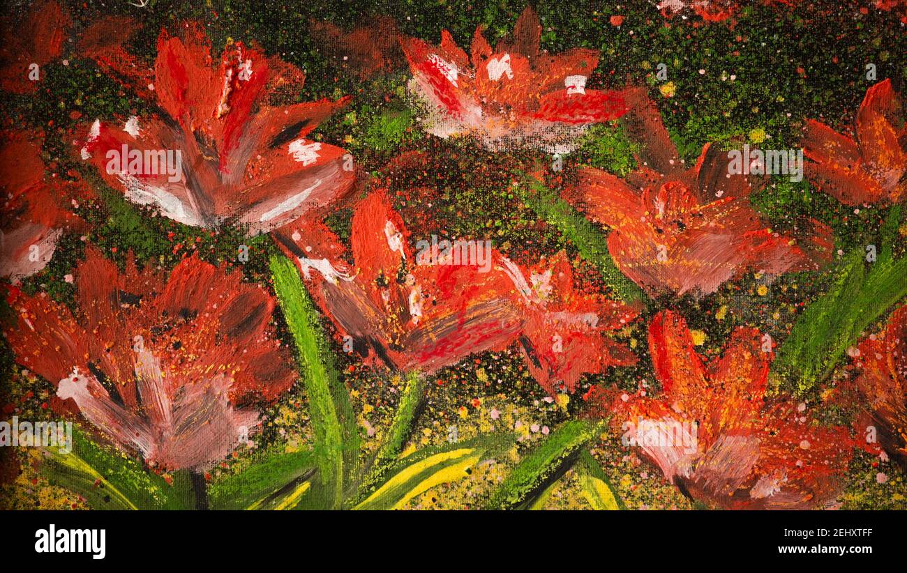 Prairie avec des coquelicots en fleurs. Peinture sur toile, peinte en acrylique. Peint à la main. Banque D'Images