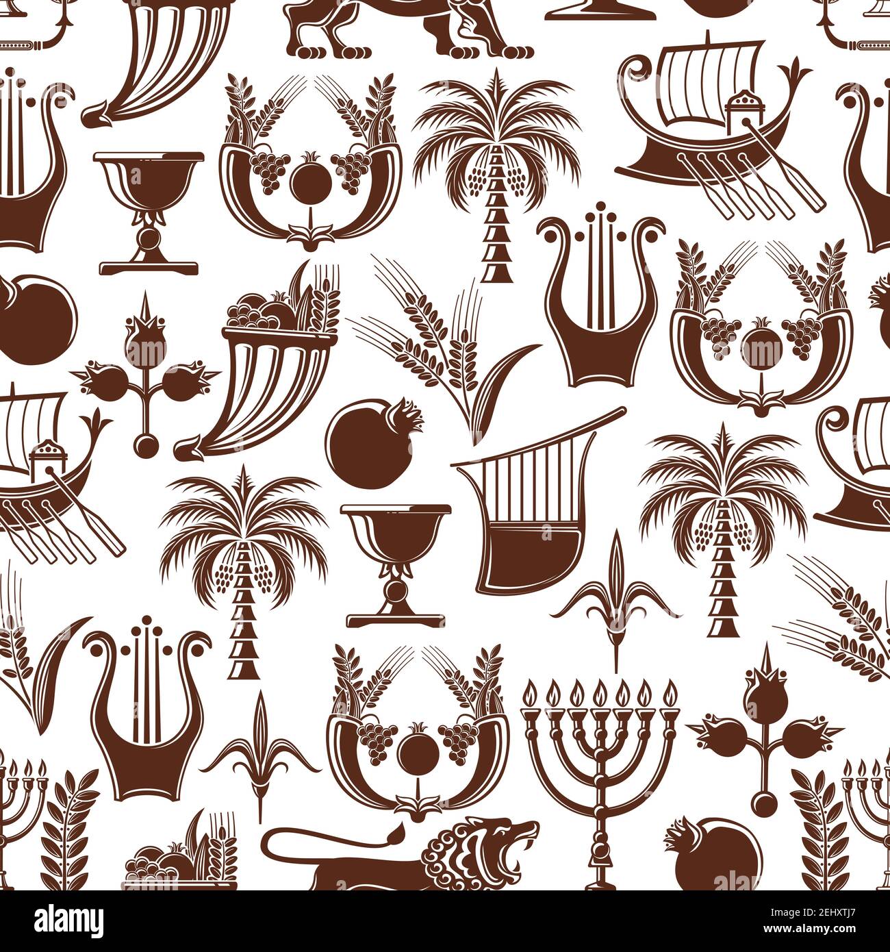 La culture d'Israël et Voyage modèle traditionnel de fond. Vector sans couture religion juive et judaïsme Hanukkah Menorah, Shofar corne et paume avec pépins Illustration de Vecteur