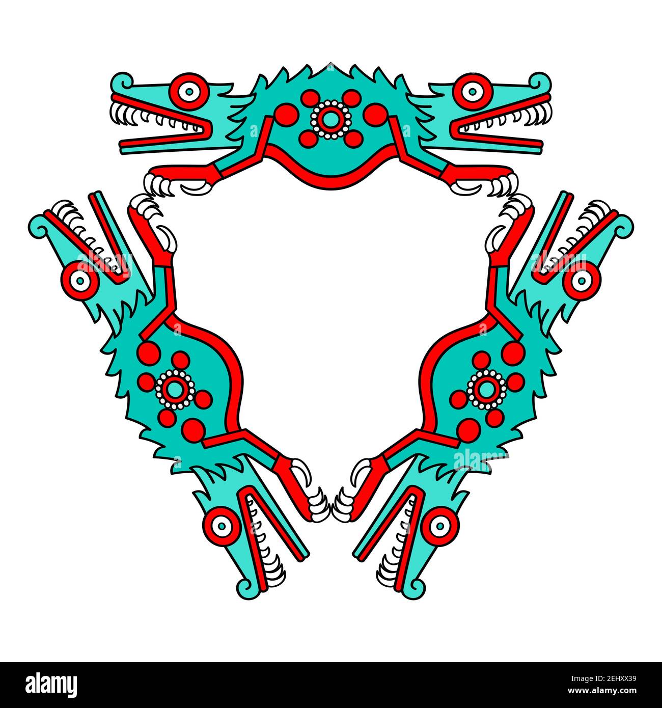 Décoration crocodile colorée en forme de triangle, style aztèque. Triangle turquoise, rouge et noir, composé de moitiés de corps de crocodile. Banque D'Images