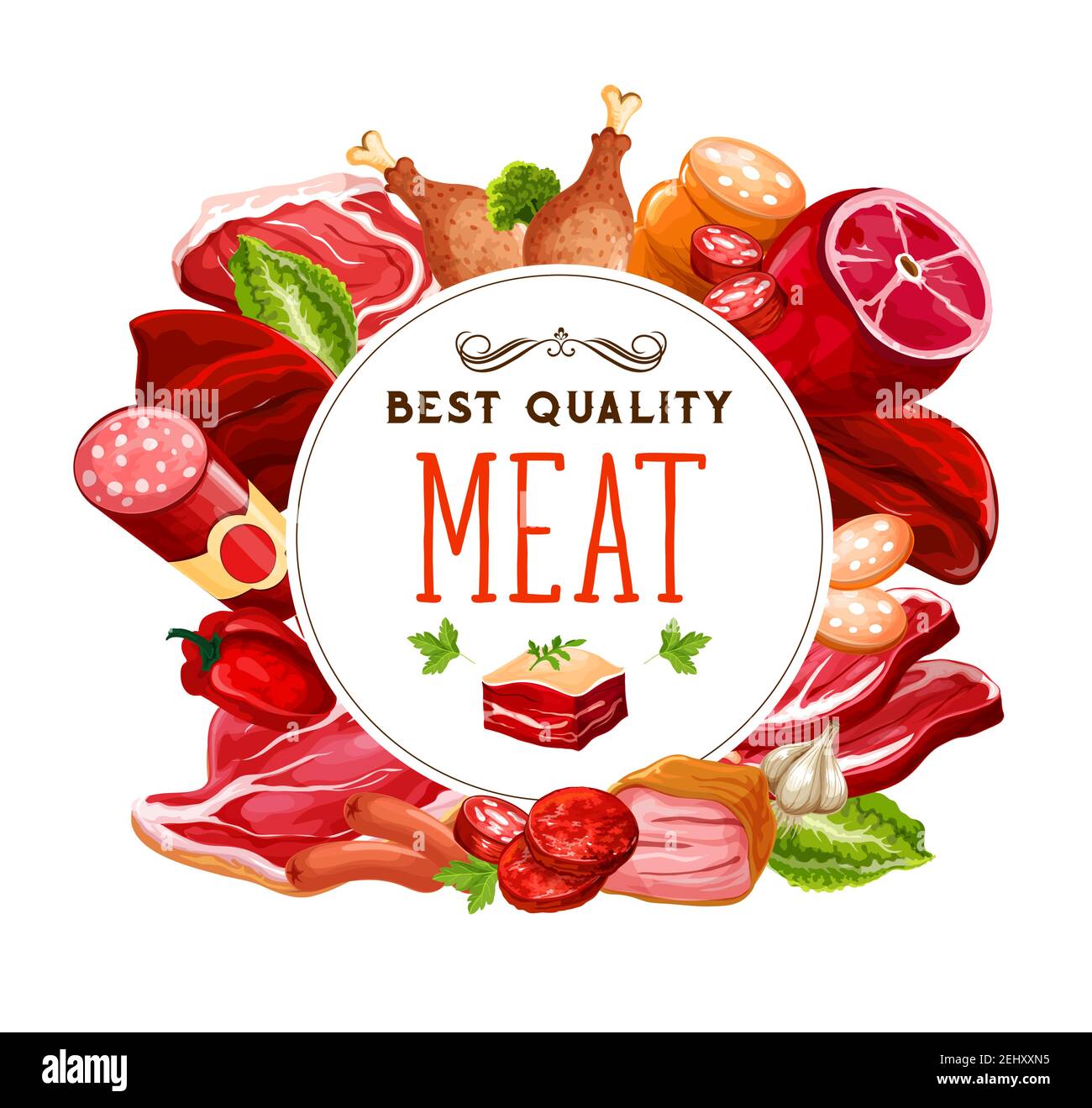 Produits d'épicerie pour les magasins de viande et de boucherie. Saucisses gastronomiques et gastronomie de charcuterie, bacon de porc, jambon ou pepperoni et salami, braque de bœuf fumé Illustration de Vecteur