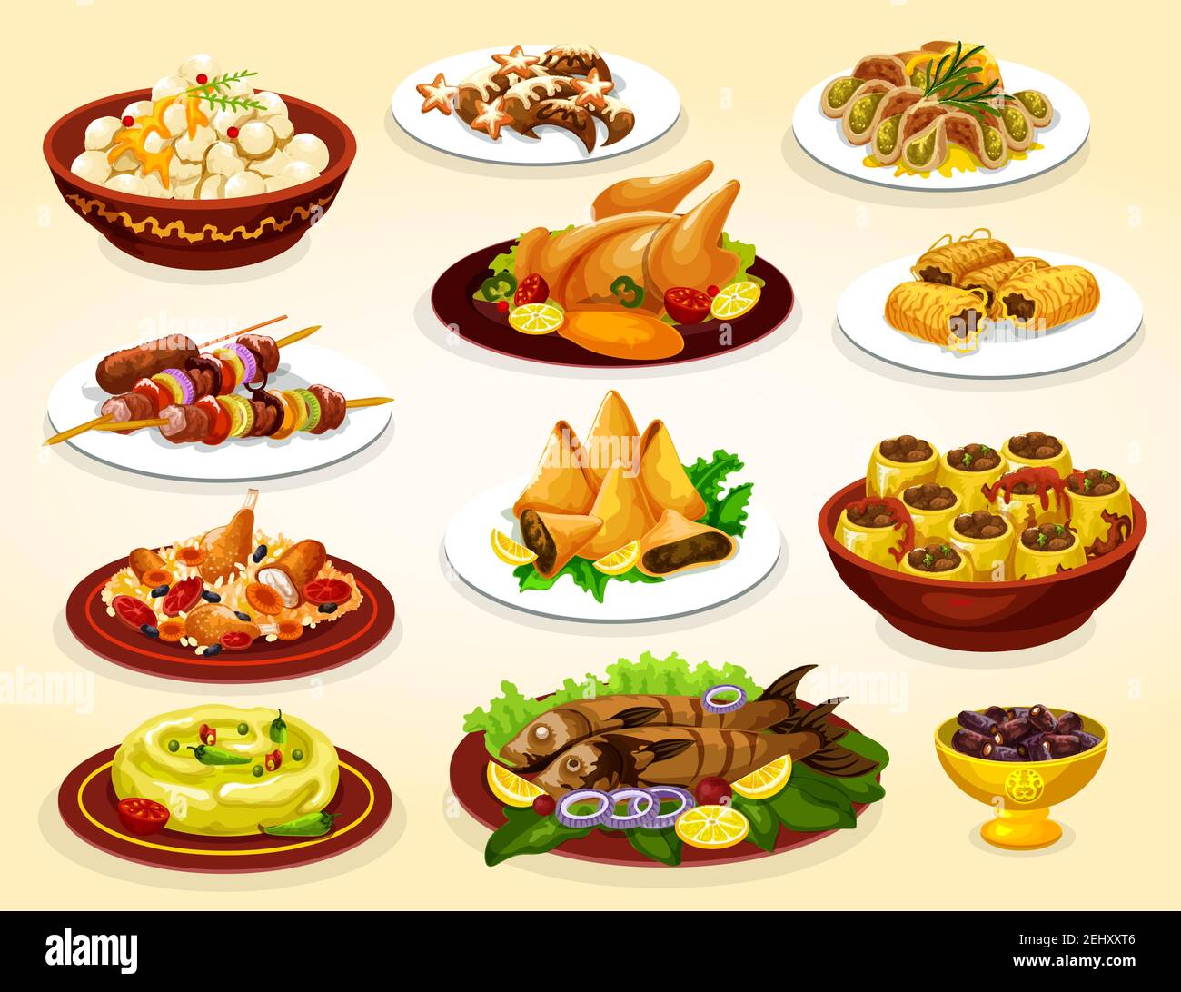 Ramadan repas de fête de l'iftar plats arabes. Fruits dattes, baklava et samosa dessert islamique, riz au poulet biryani, kebab grillé et poisson, hum Illustration de Vecteur