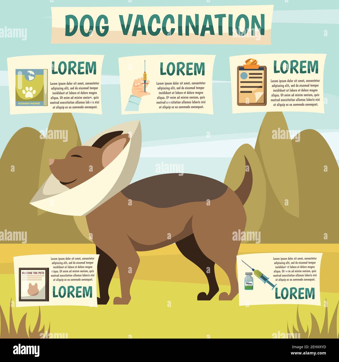 Vaccination des chiens avantages éléments infographiques orthogonal fond poster avec le chien illustration du vecteur de protection du collier conique Illustration de Vecteur