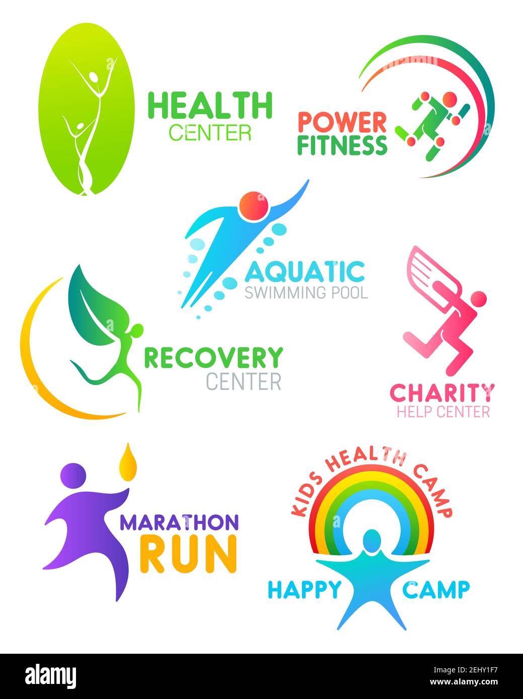 Les gens sportifs des icônes pour la puissance de forme physique ou de gym et course de marathon ou de charité aident à projet social. Symbole de corps humain vectoriel avec ailes ou feu et arc-en-ciel f Illustration de Vecteur